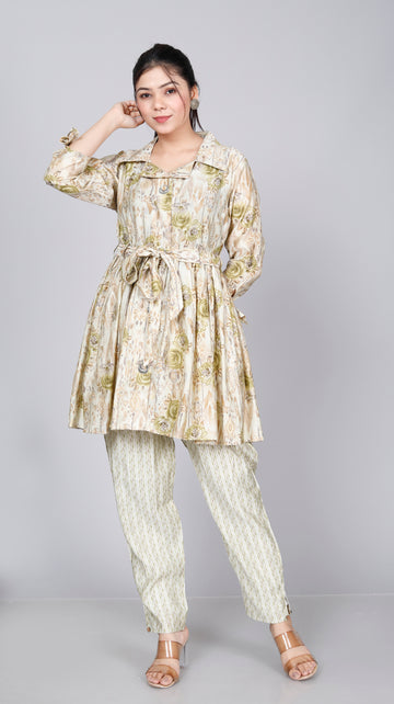 Verdant Marble Blooms Coord Set with Striped Pants