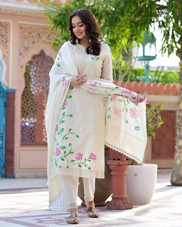 White Chikankari handpainted Suit