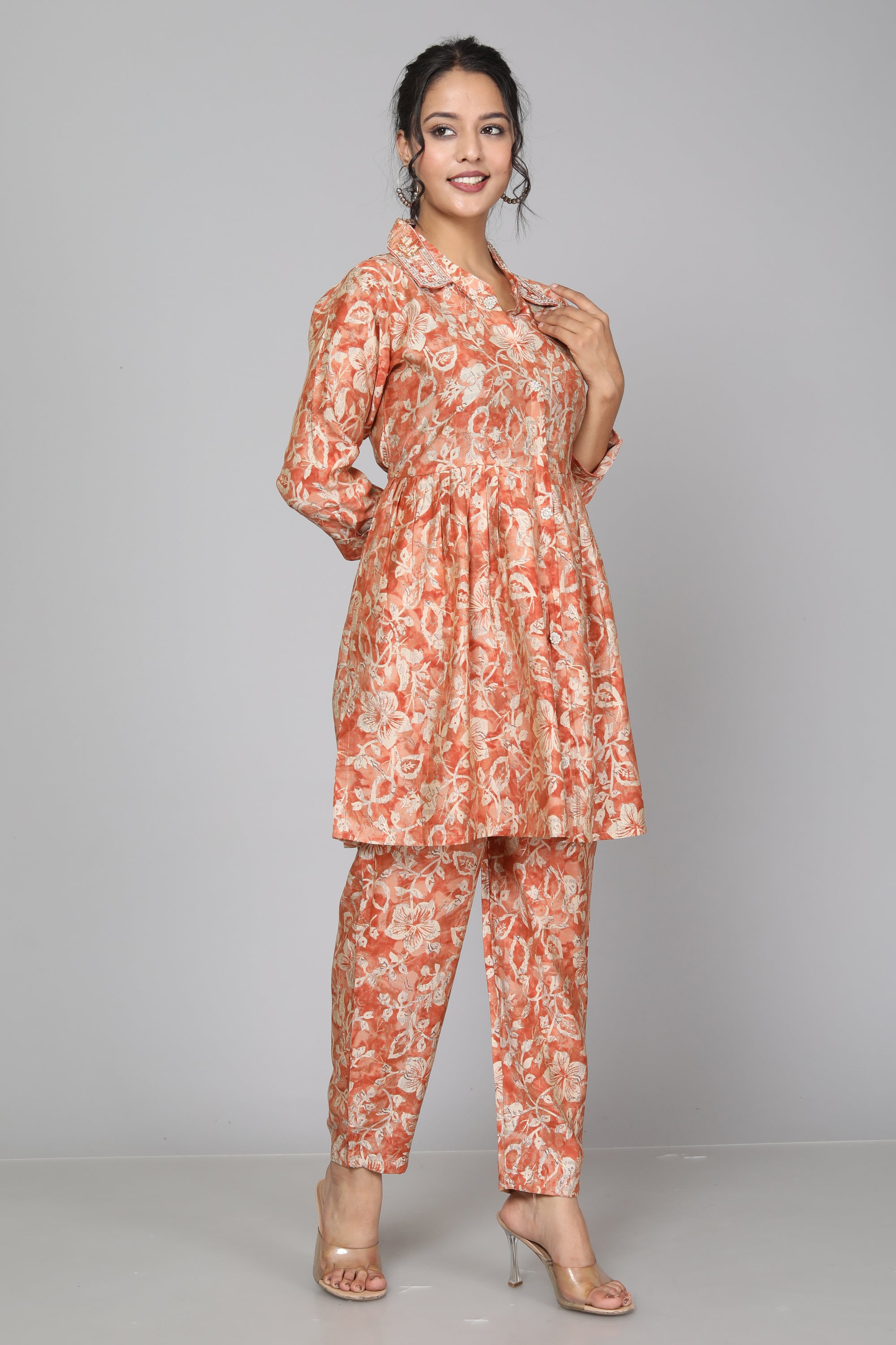Blooming Peach Muslin Floral Coord Set