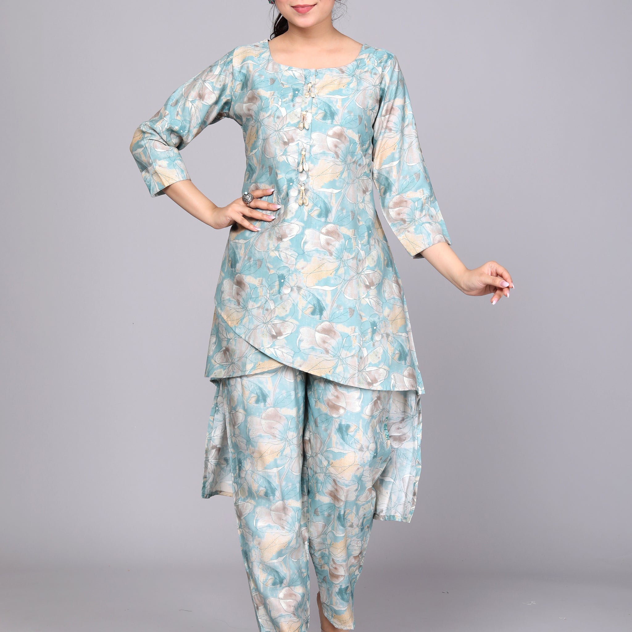 Sky Blue Floral Elegance Cut-Top Coord Set