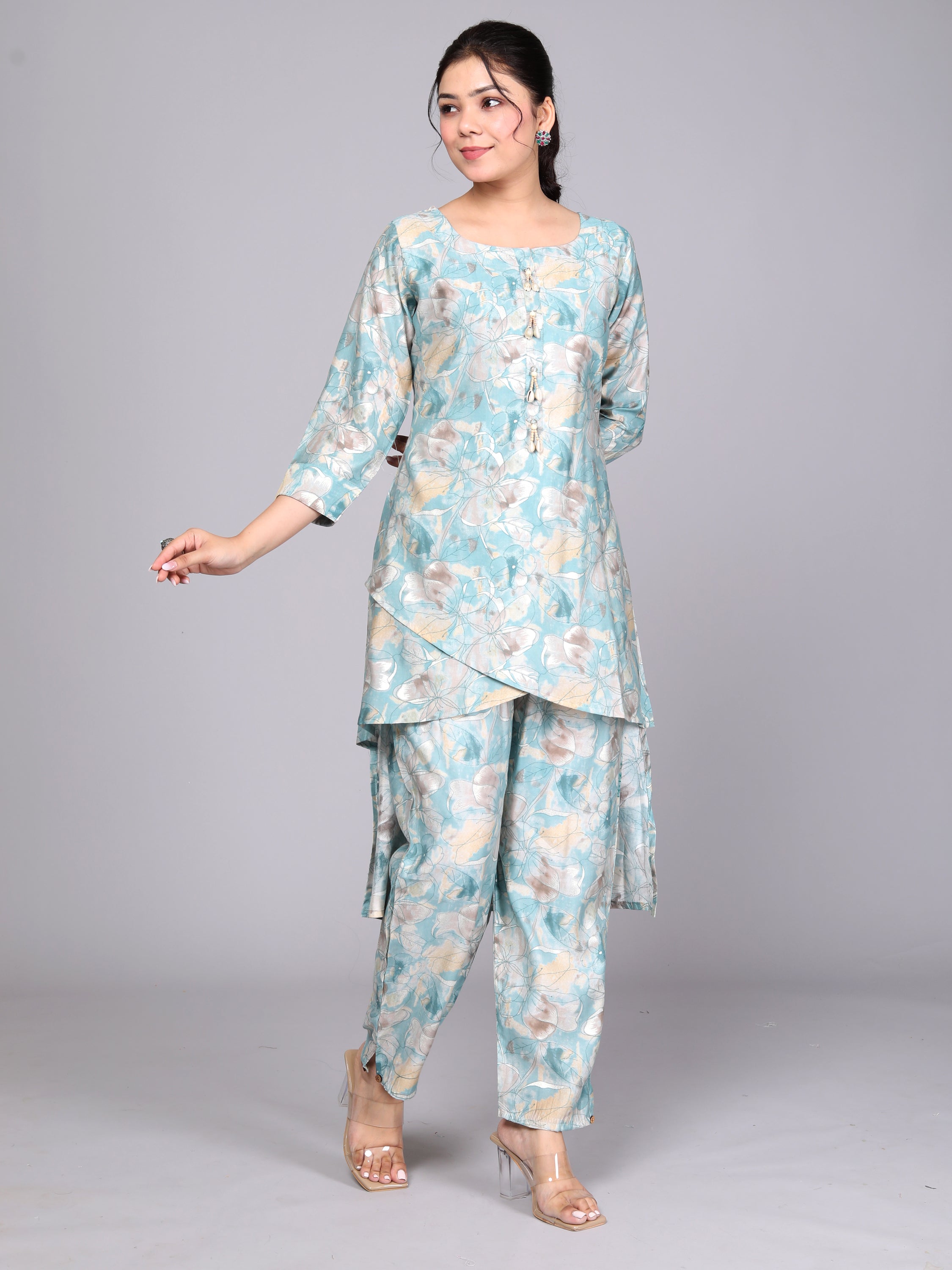 Sky Blue Floral Elegance Cut-Top Coord Set