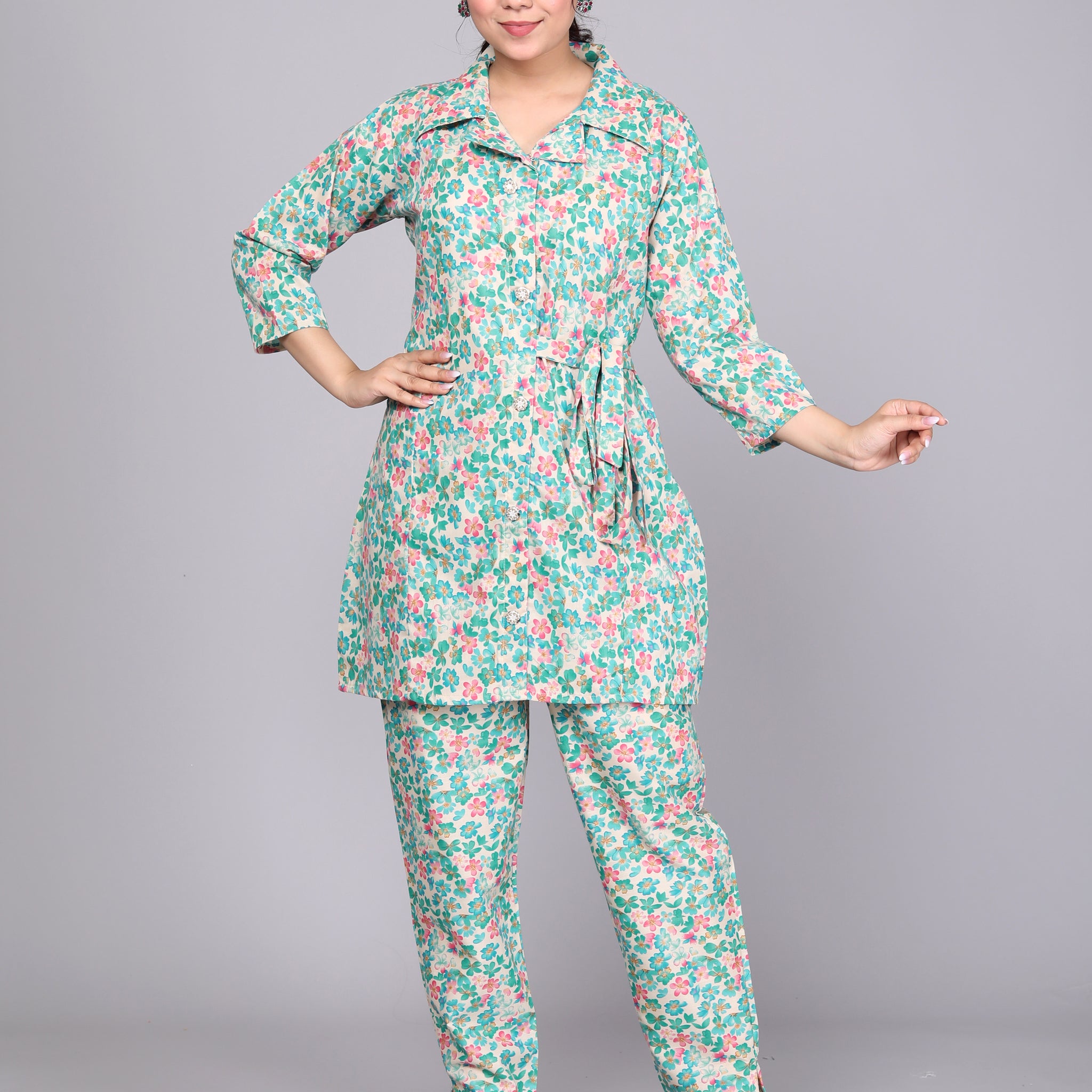 Green & Pink Floral Printed Cotton Dream Coord Set