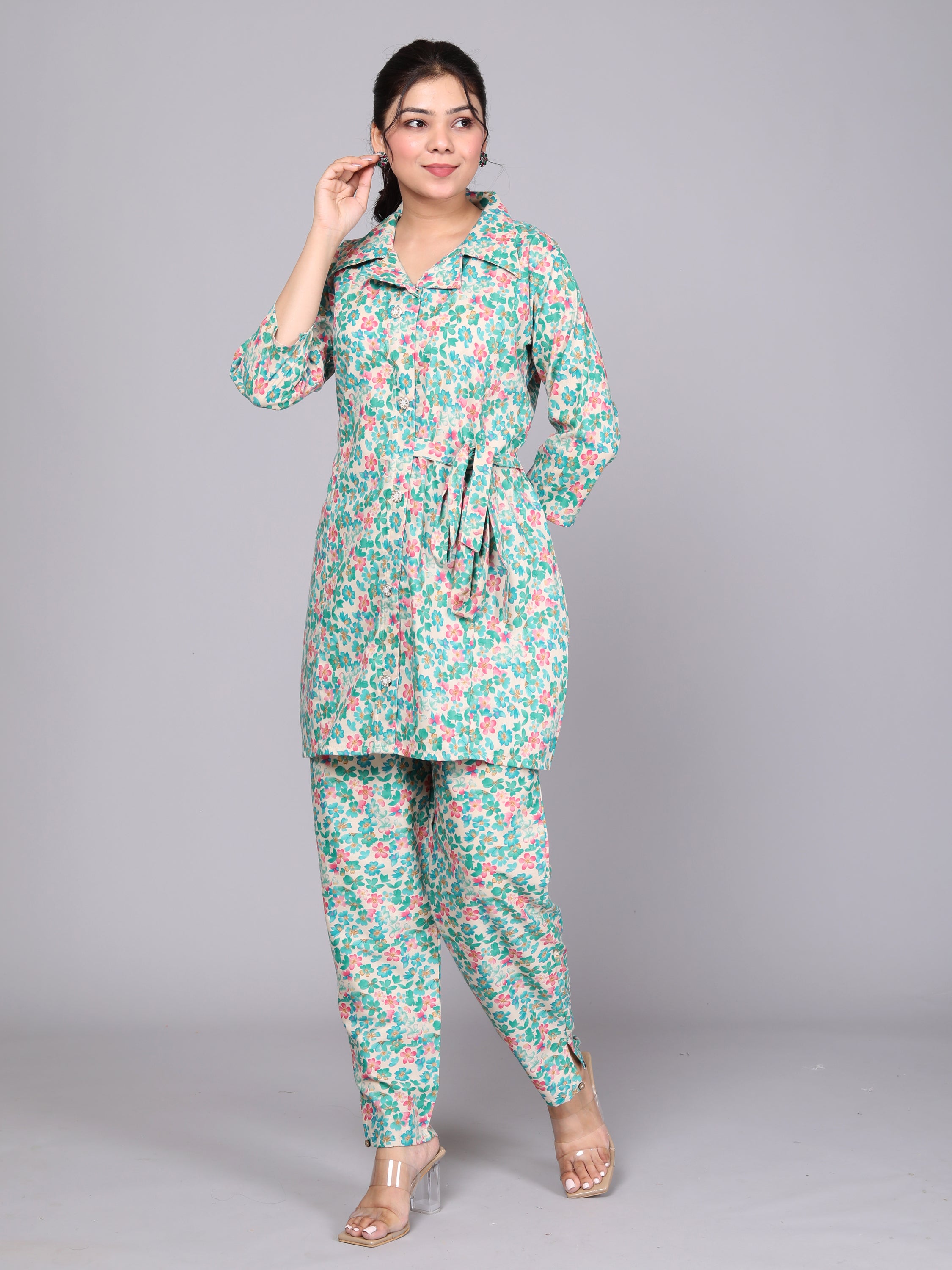 Green & Pink Floral Printed Cotton Dream Coord Set