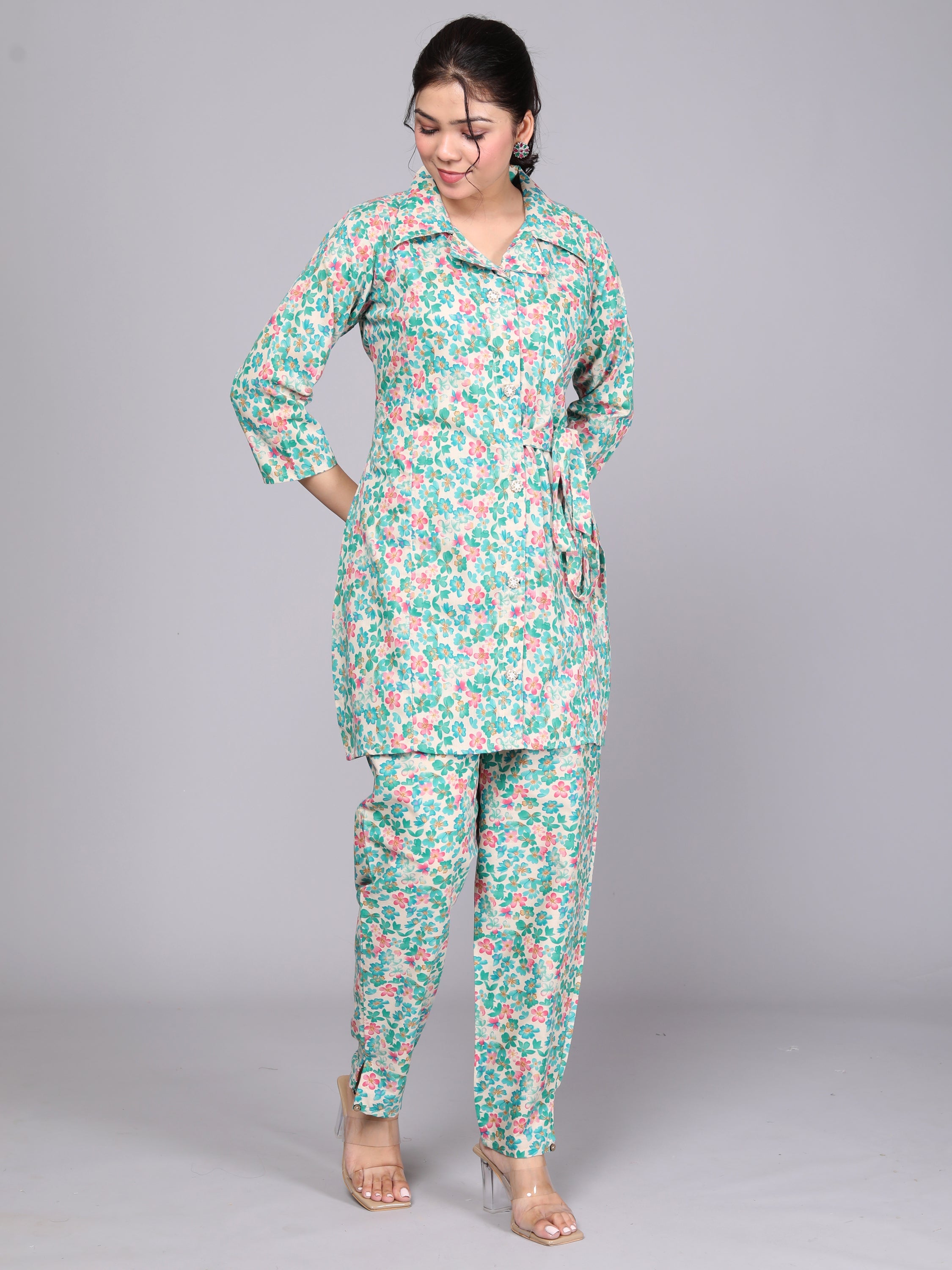Green & Pink Floral Printed Cotton Dream Coord Set (BOGO)