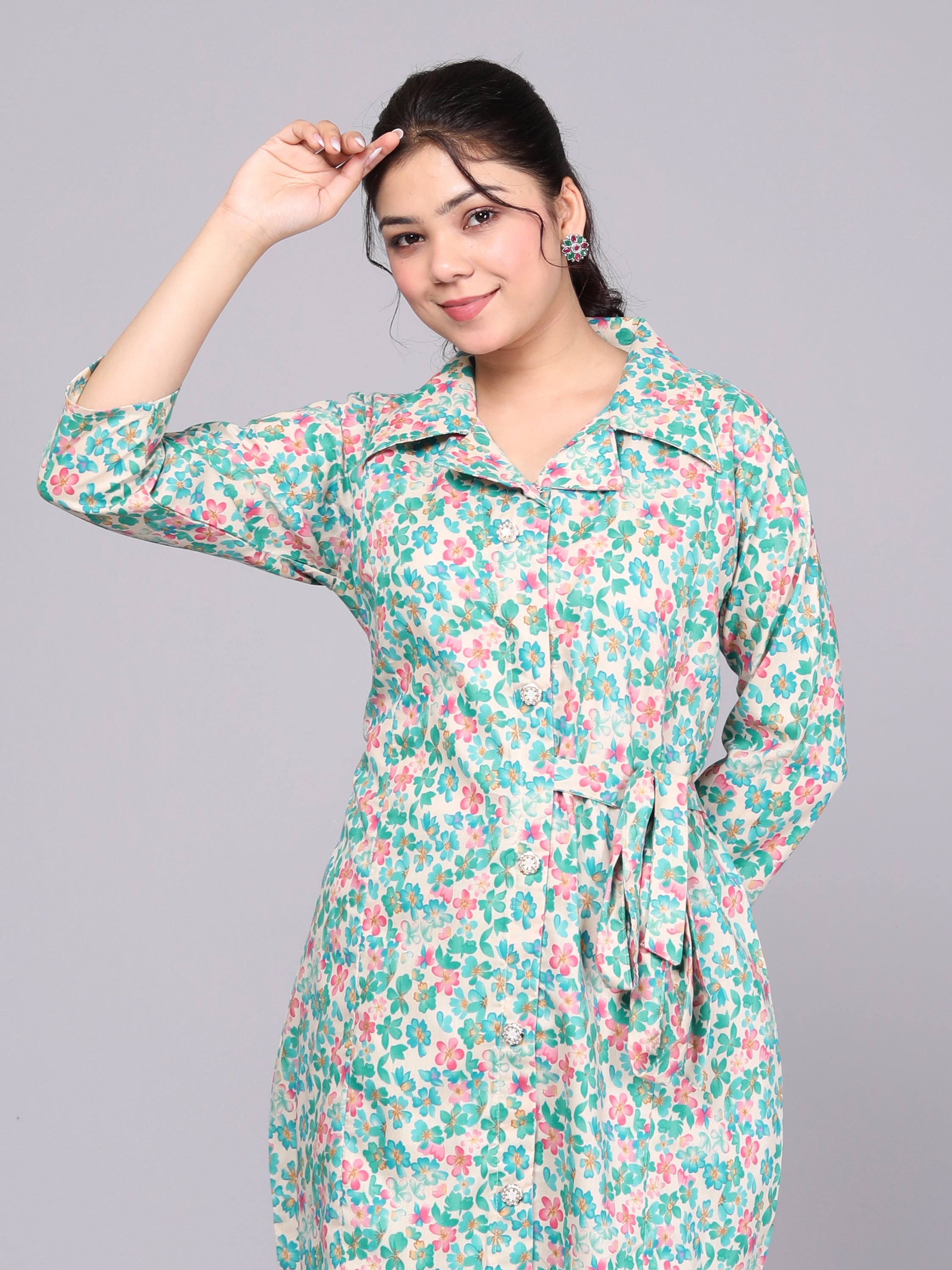 Green & Pink Floral Printed Cotton Dream Coord Set