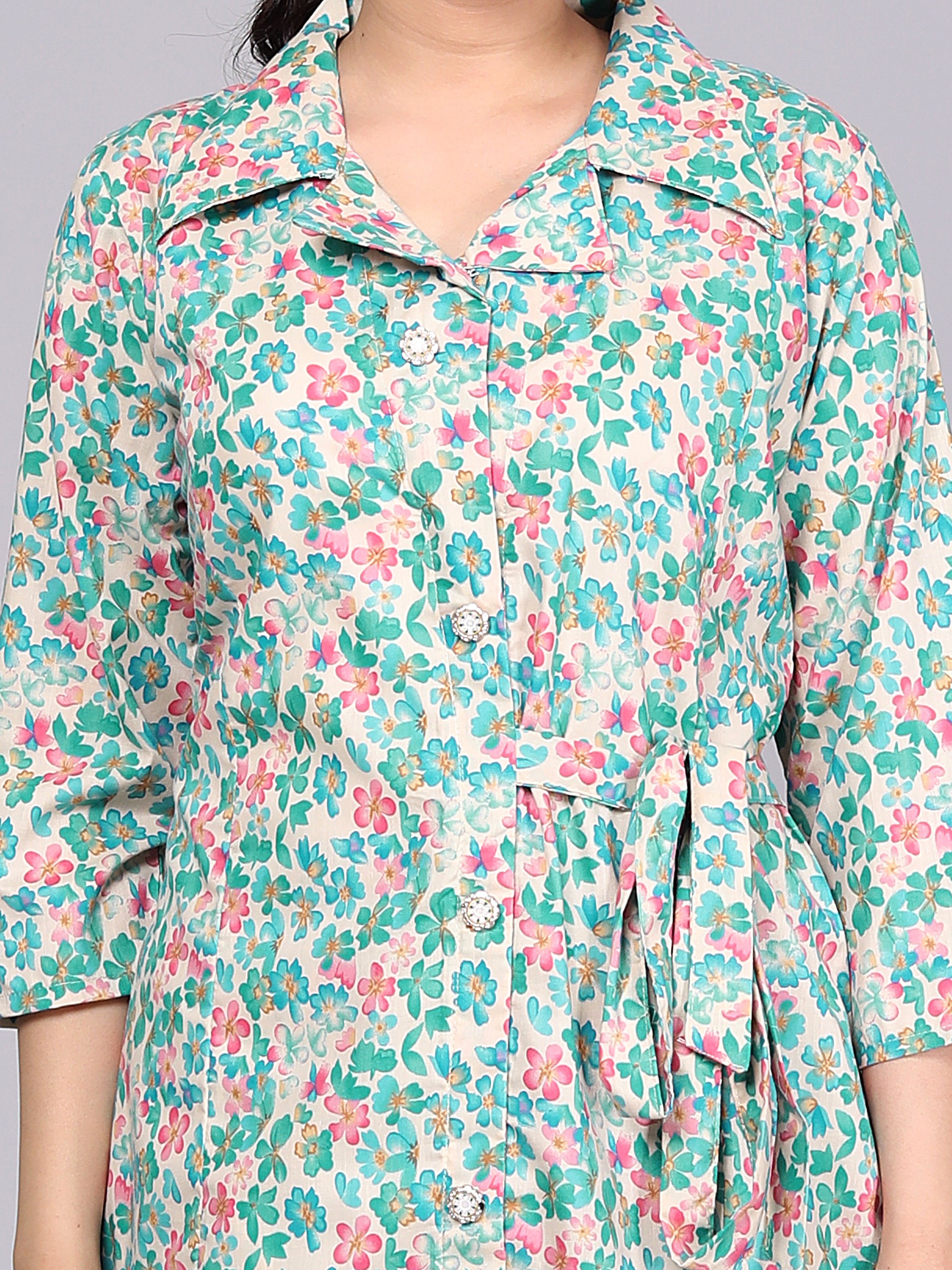Green & Pink Floral Printed Cotton Dream Coord Set