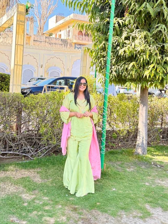 Green Kurta Sharara Set with Pink Dupatta