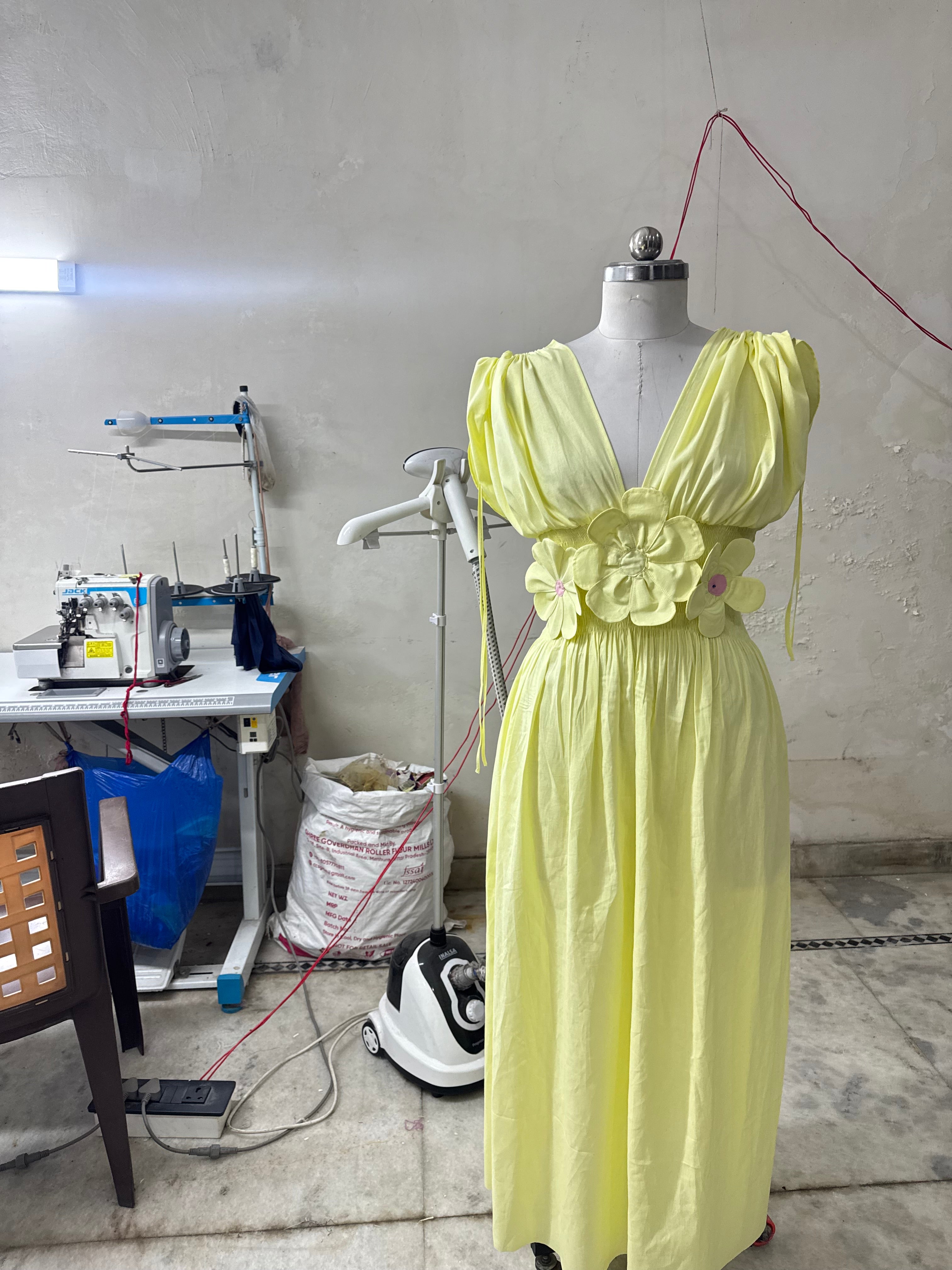 Butter Yellow 3D Floral Dress