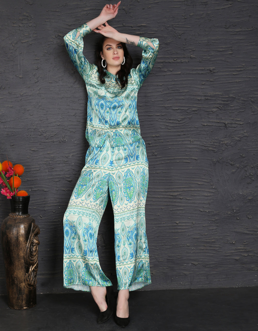 Geometrical Aqua Blue & Green Satin Coord Set