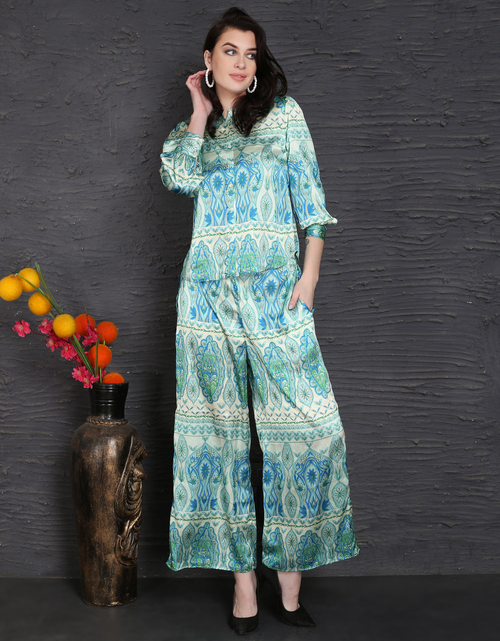 Geometrical Aqua Blue & Green Satin Coord Set