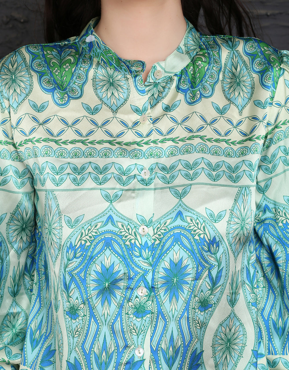 Geometrical Aqua Blue & Green Satin Coord Set