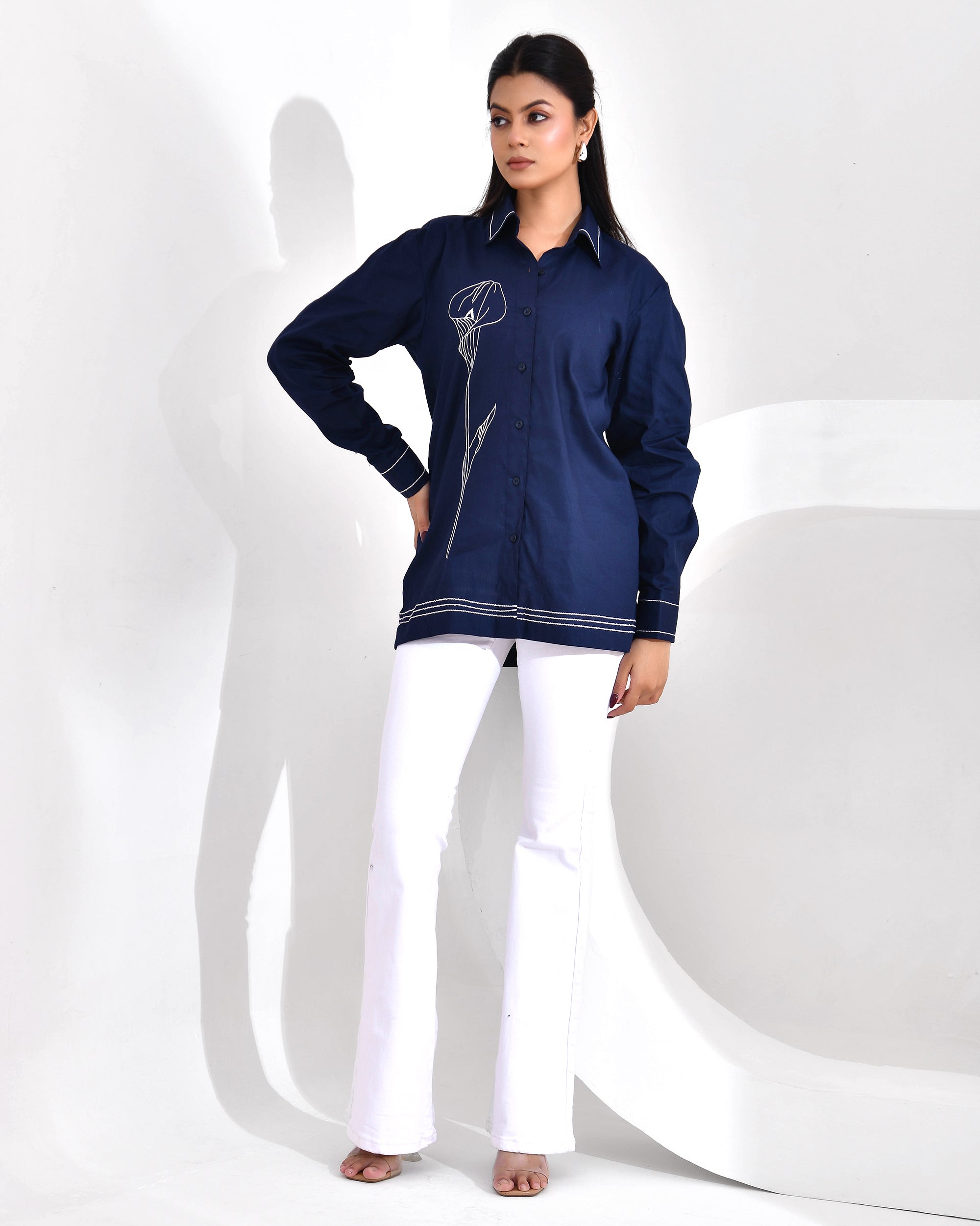 Midnight Bloom — Navy Blue Threadwork Shirt