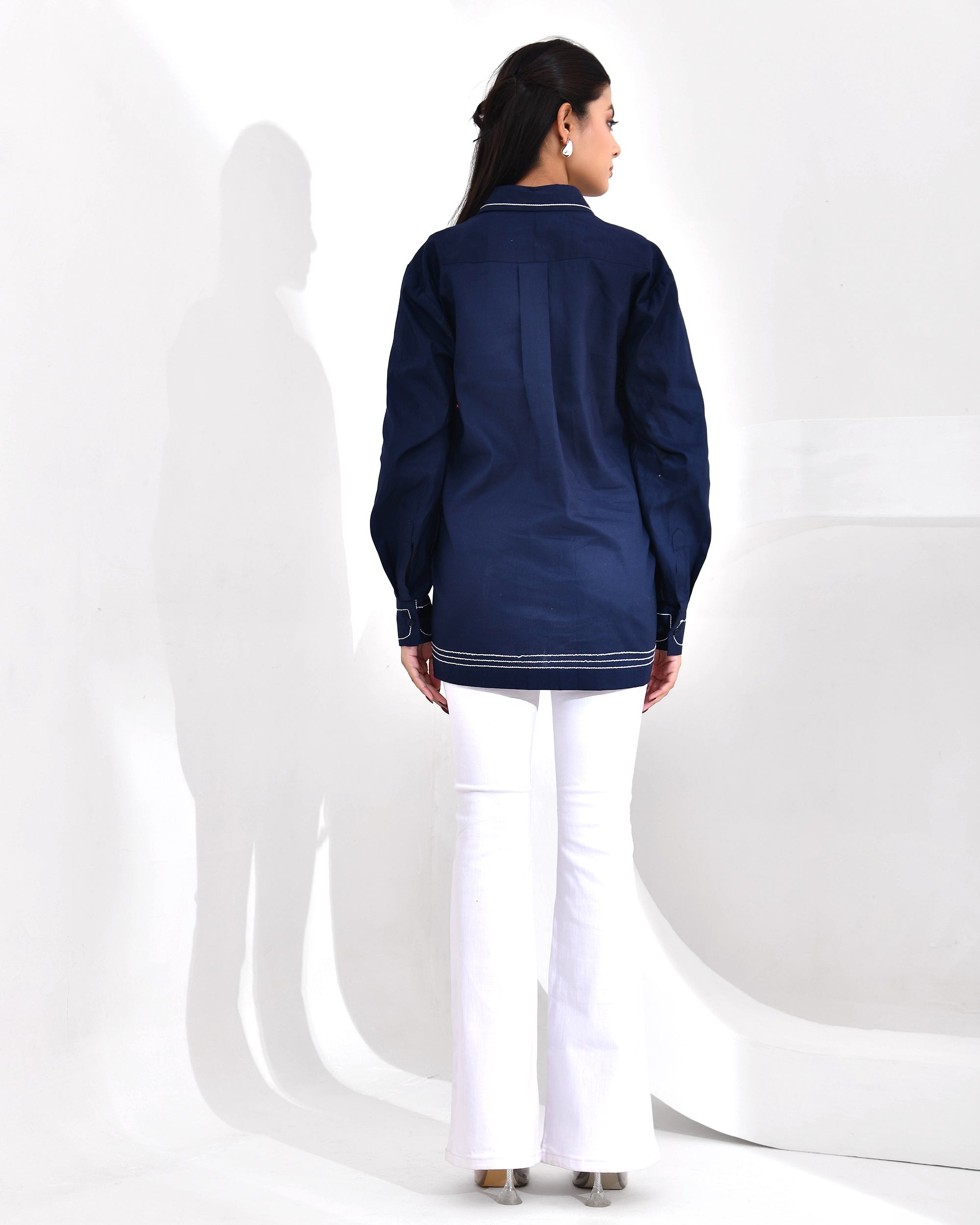 Midnight Bloom — Navy Blue Threadwork Shirt