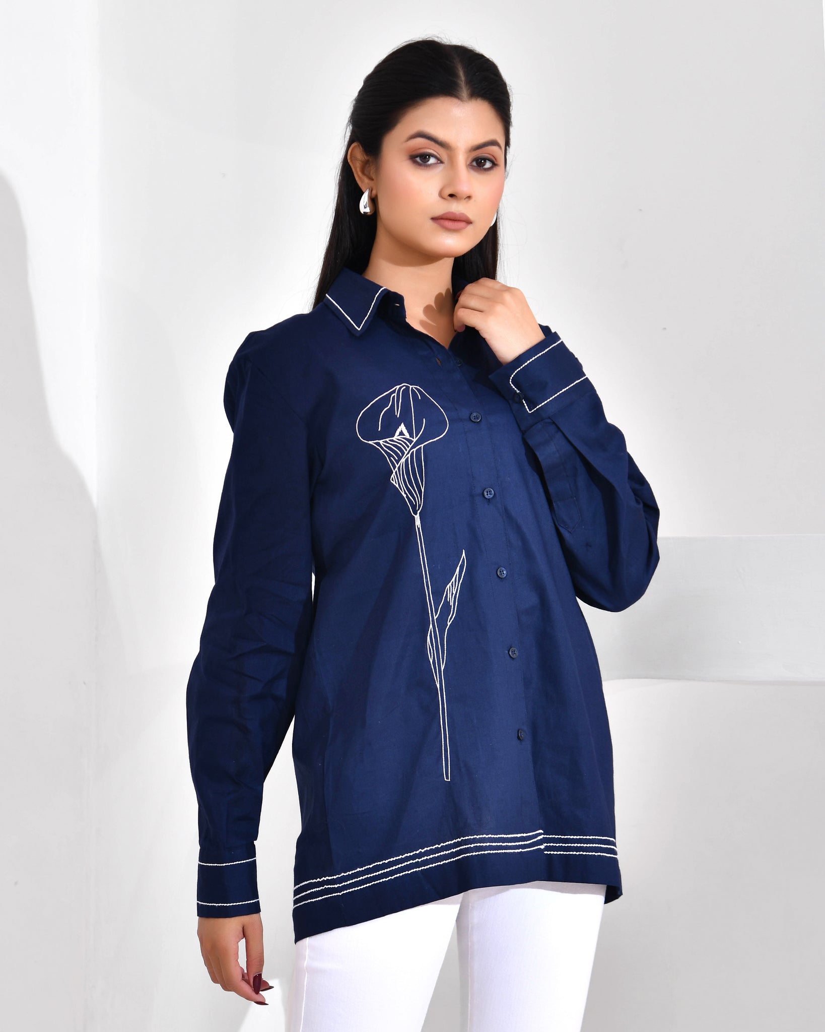 Midnight Bloom — Navy Blue Threadwork Shirt