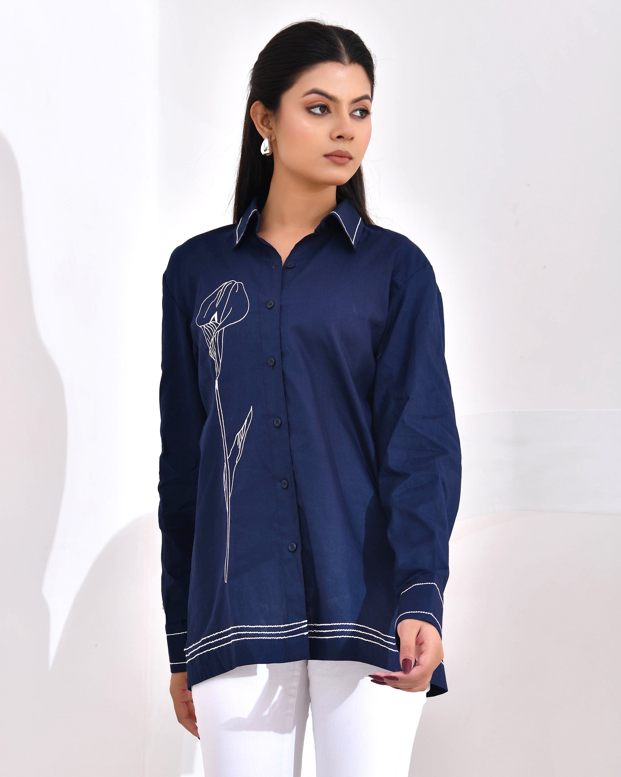 Midnight Bloom — Navy Blue Threadwork Shirt
