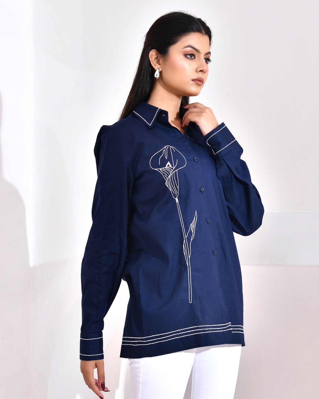 Midnight Bloom — Navy Blue Threadwork Shirt