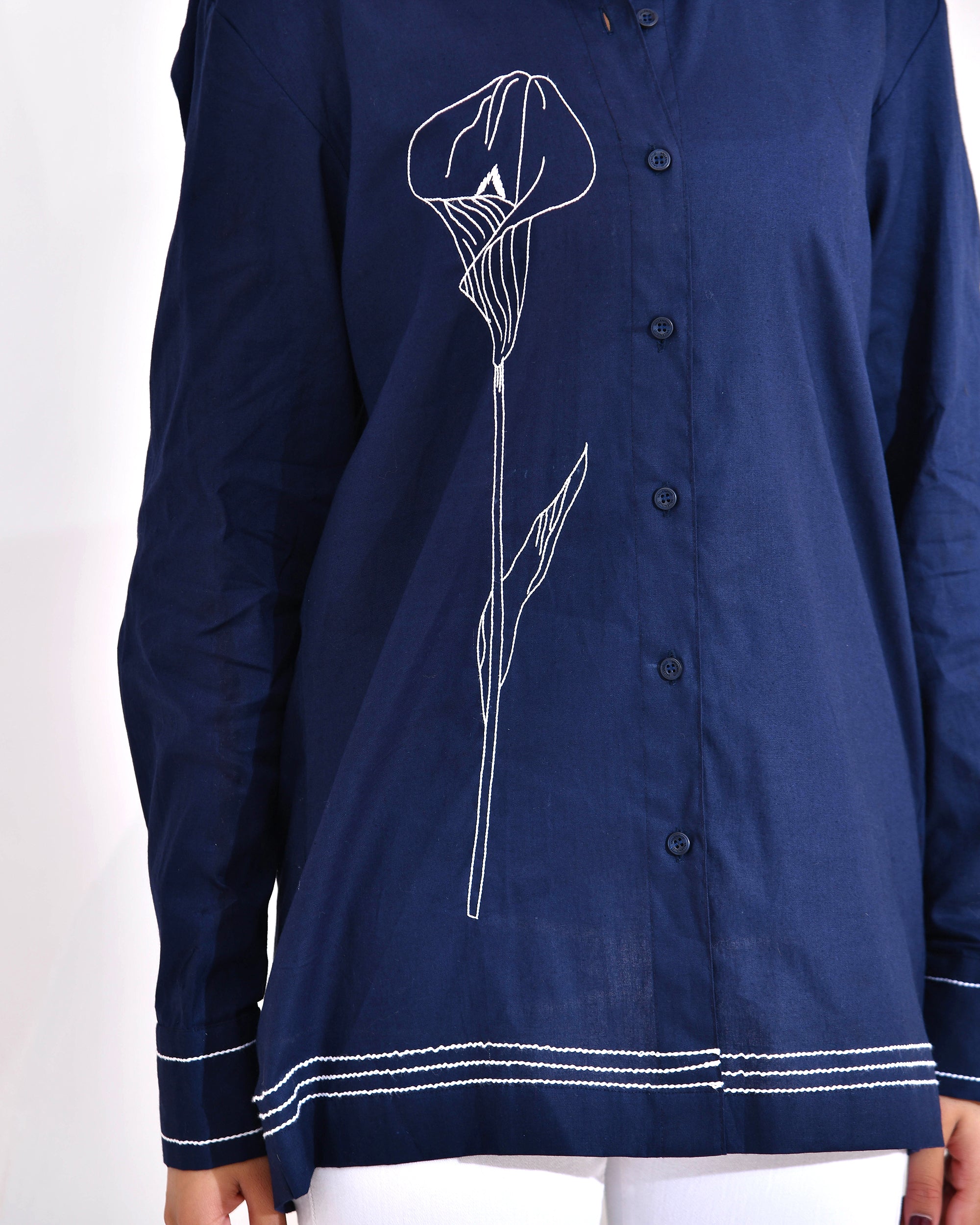 Midnight Bloom — Navy Blue Threadwork Shirt