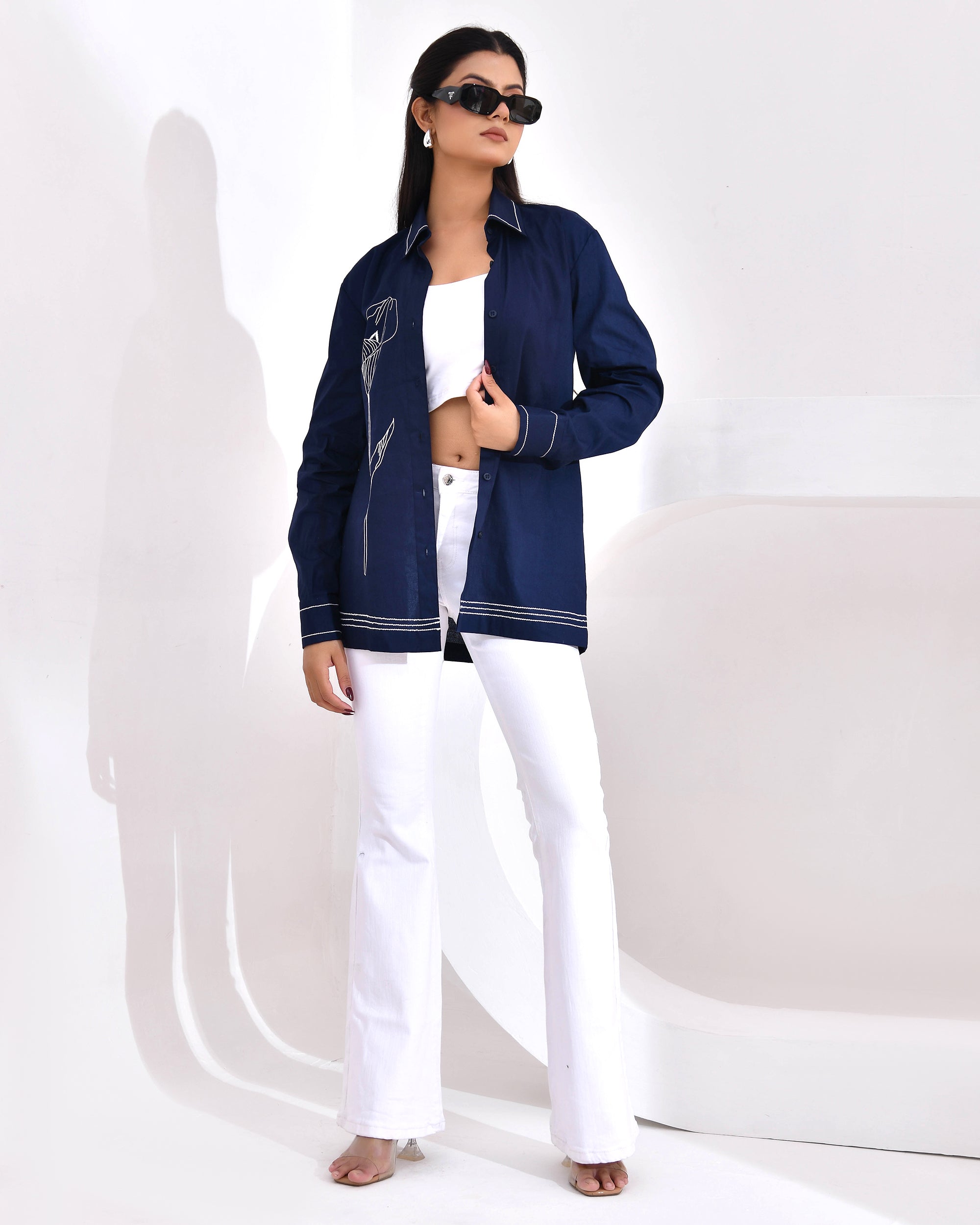 Midnight Bloom — Navy Blue Threadwork Shirt