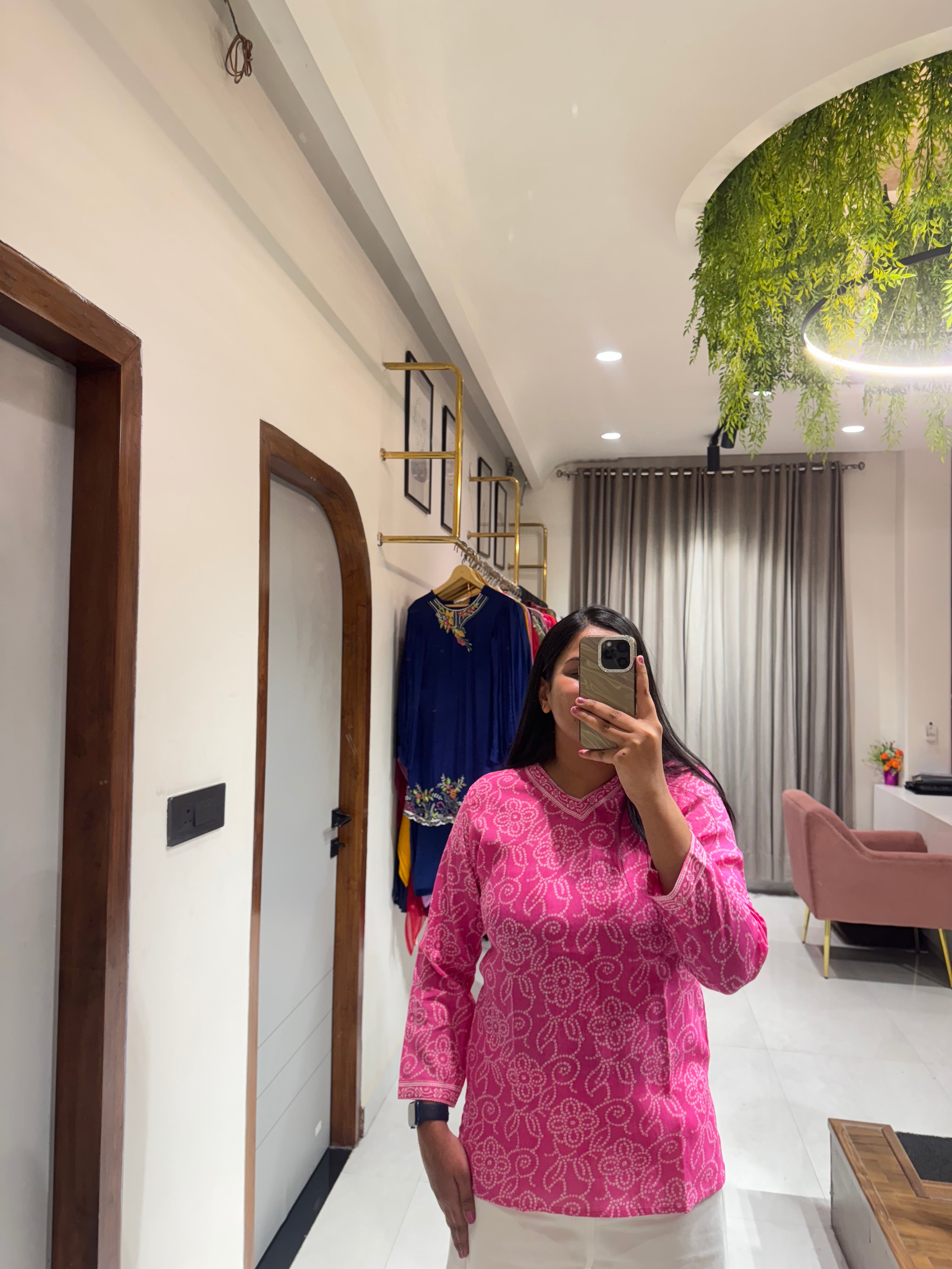 Pink Bandhej Short Kurti