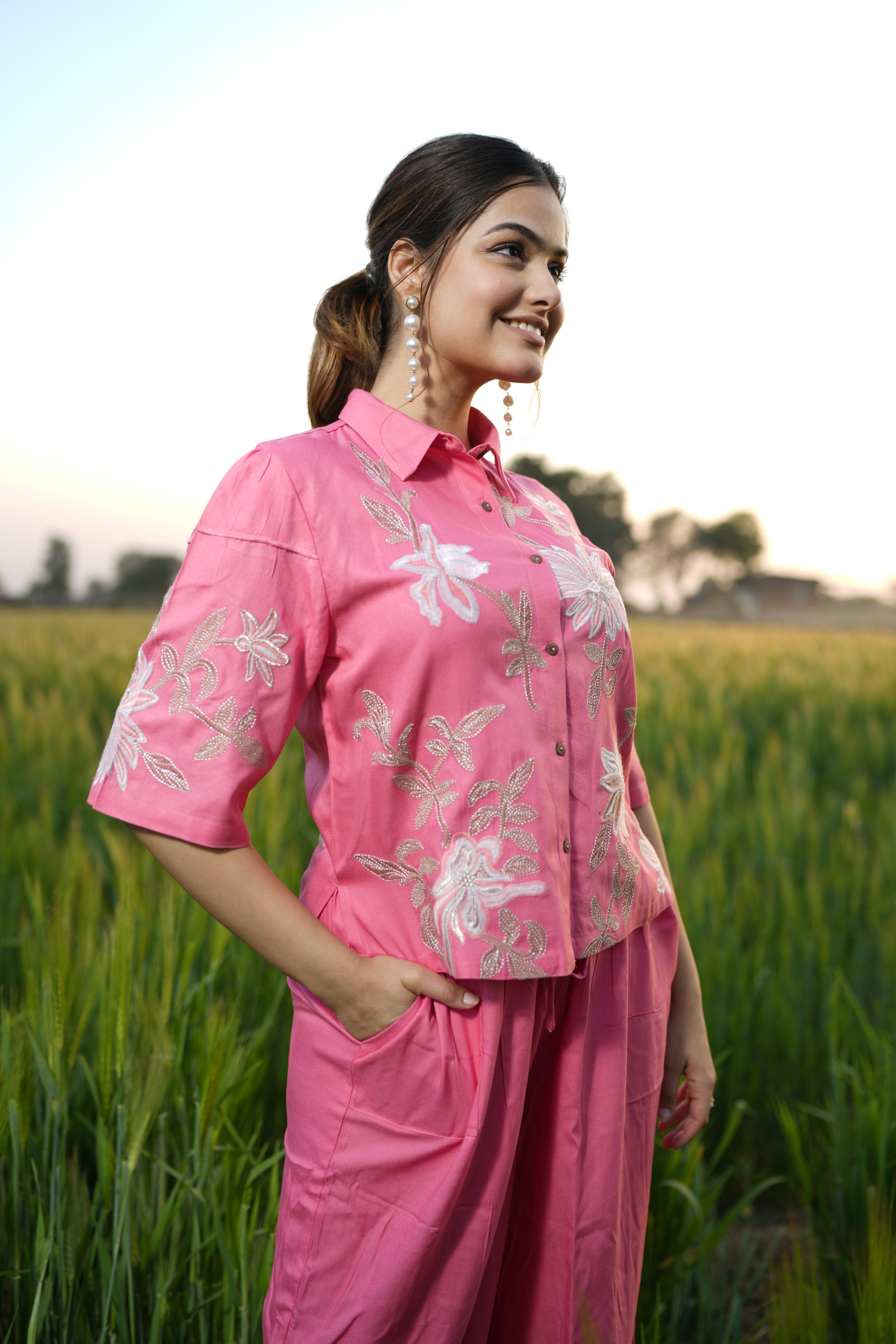 Pink Embroidered Coord set