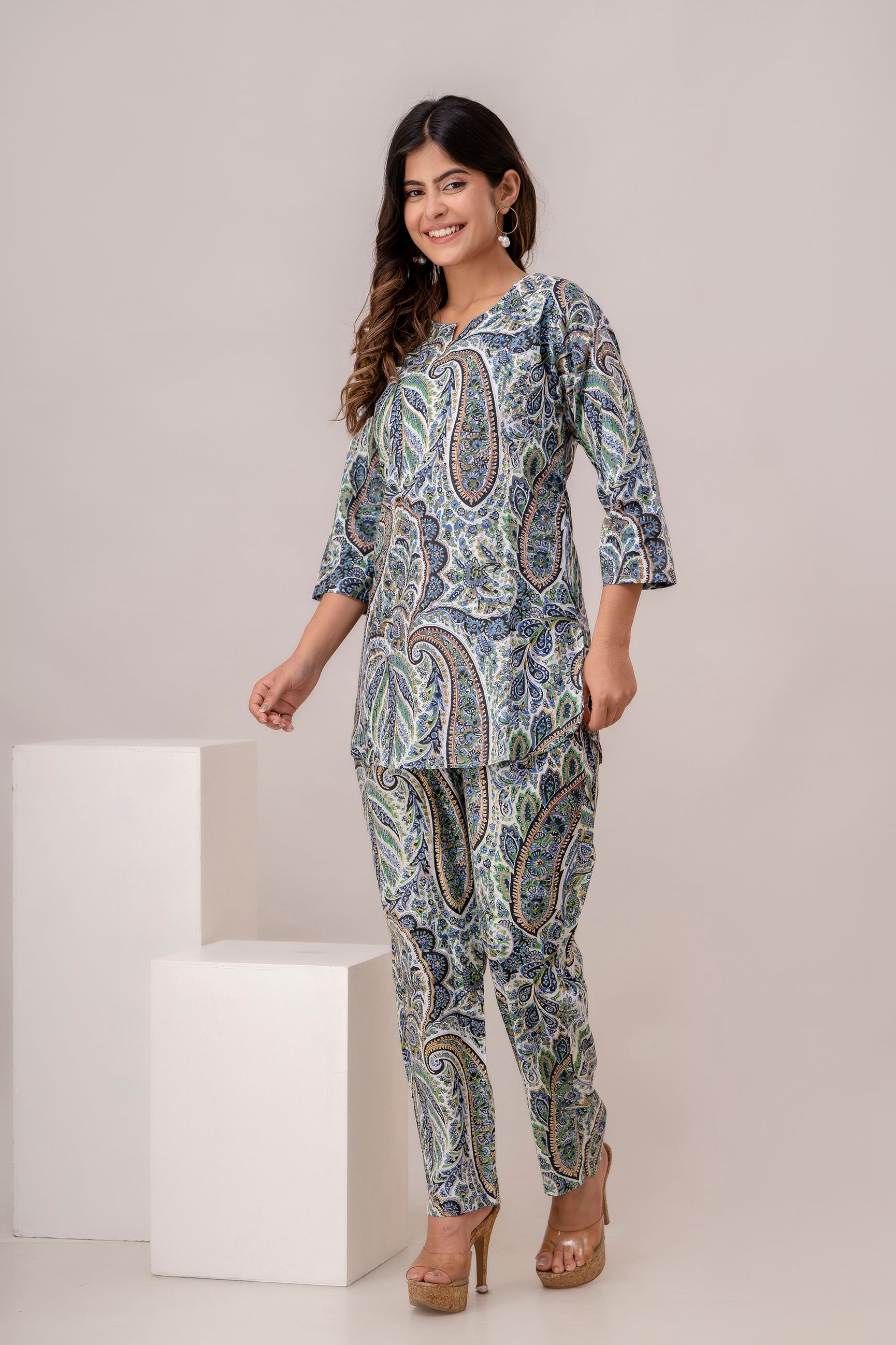 Fusion Blue Floral Print Cotton Coord Set
