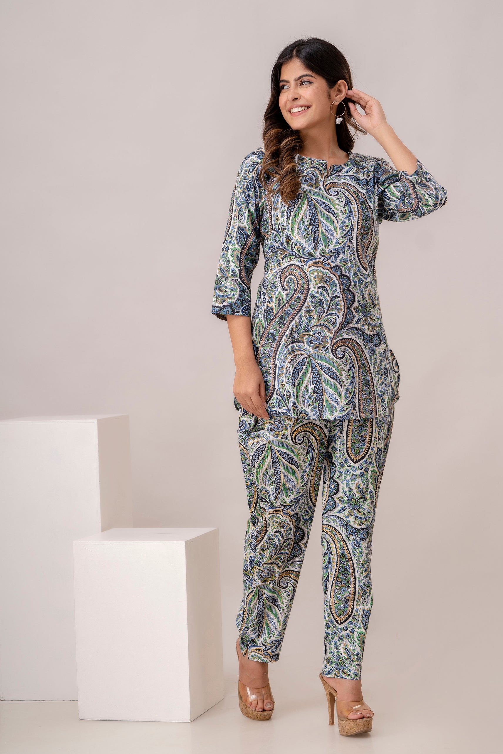 Fusion Blue Floral Print Cotton Coord Set