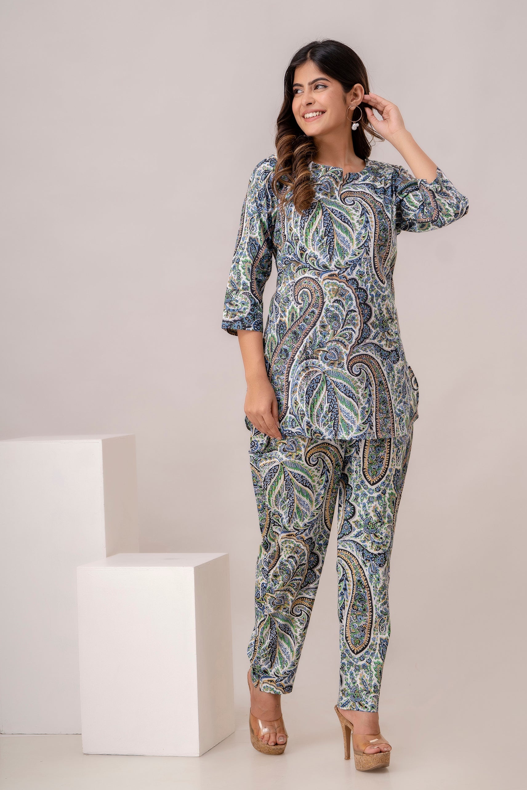 Fusion Blue Floral Print Cotton Coord Set (BOGO)