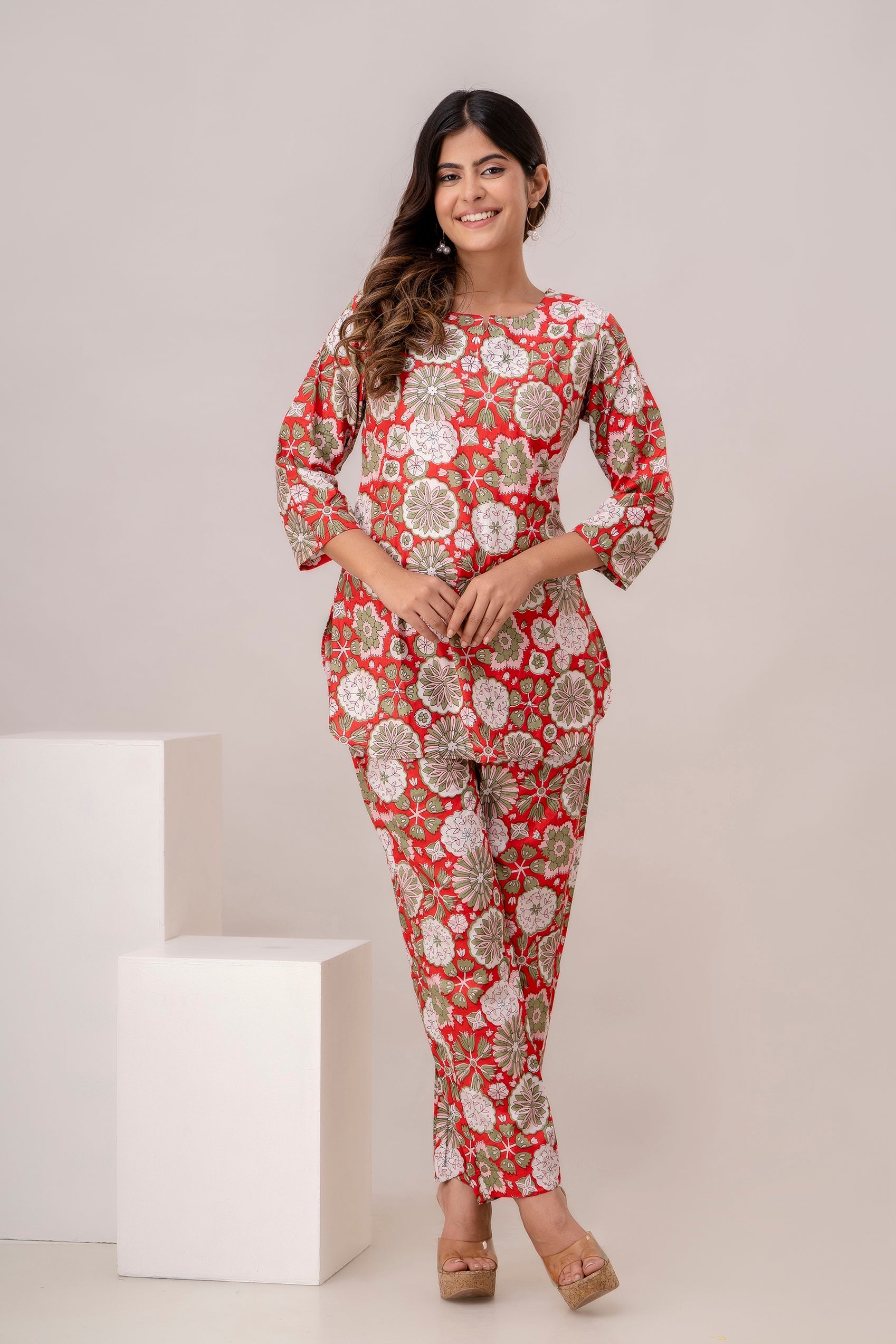 Fusion Red Floral Print Cotton Coord Set (BOGO)