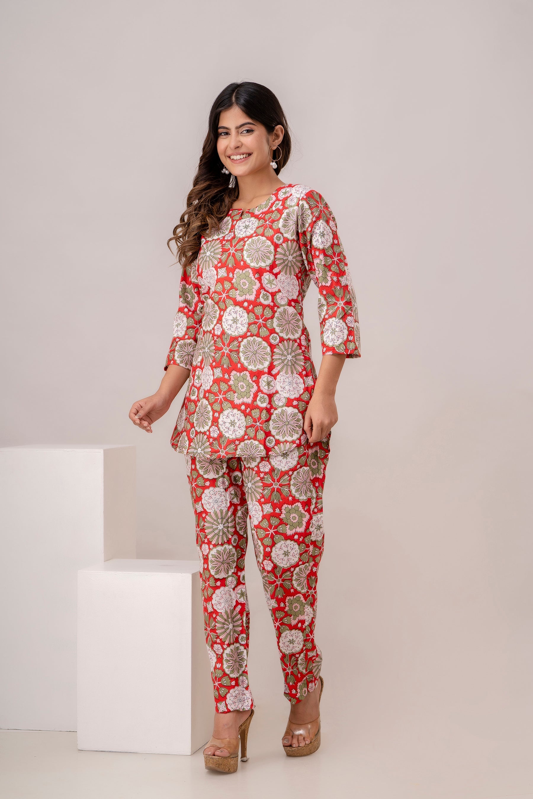 Fusion Red Floral Print Cotton Coord Set (BOGO)