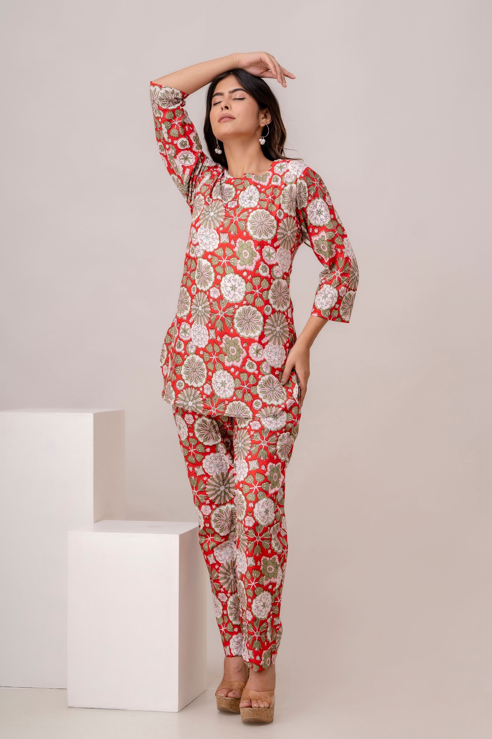 Fusion Red Floral Print Cotton Coord Set (BOGO)