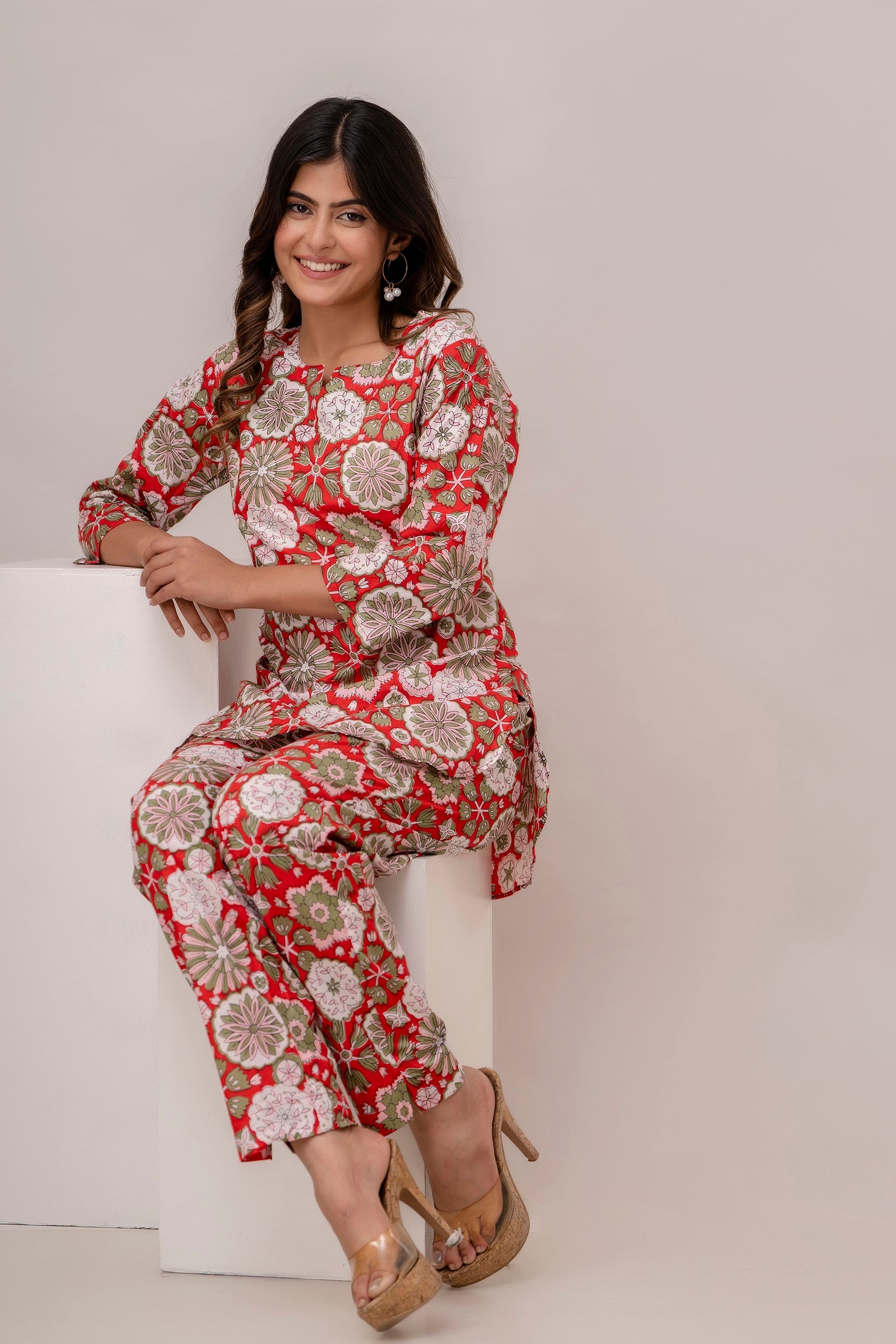 Fusion Red Floral Print Cotton Coord Set (BOGO)
