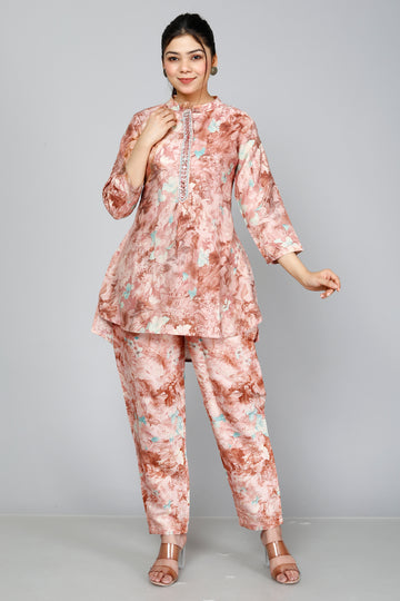 Peach Floral Printed Muslin Sequin Coord Set