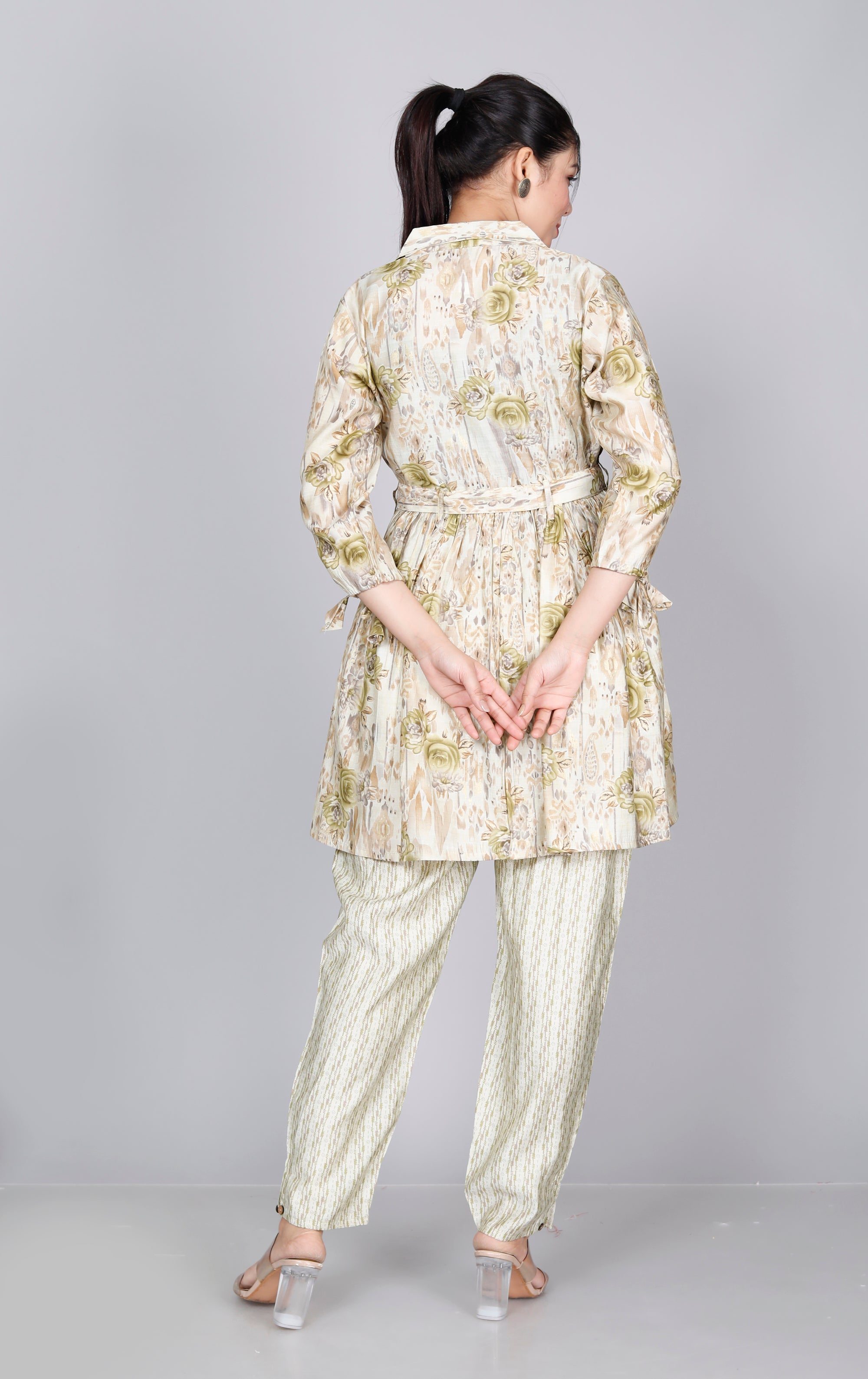 Verdant Marble Blooms Coord Set with Striped Pants