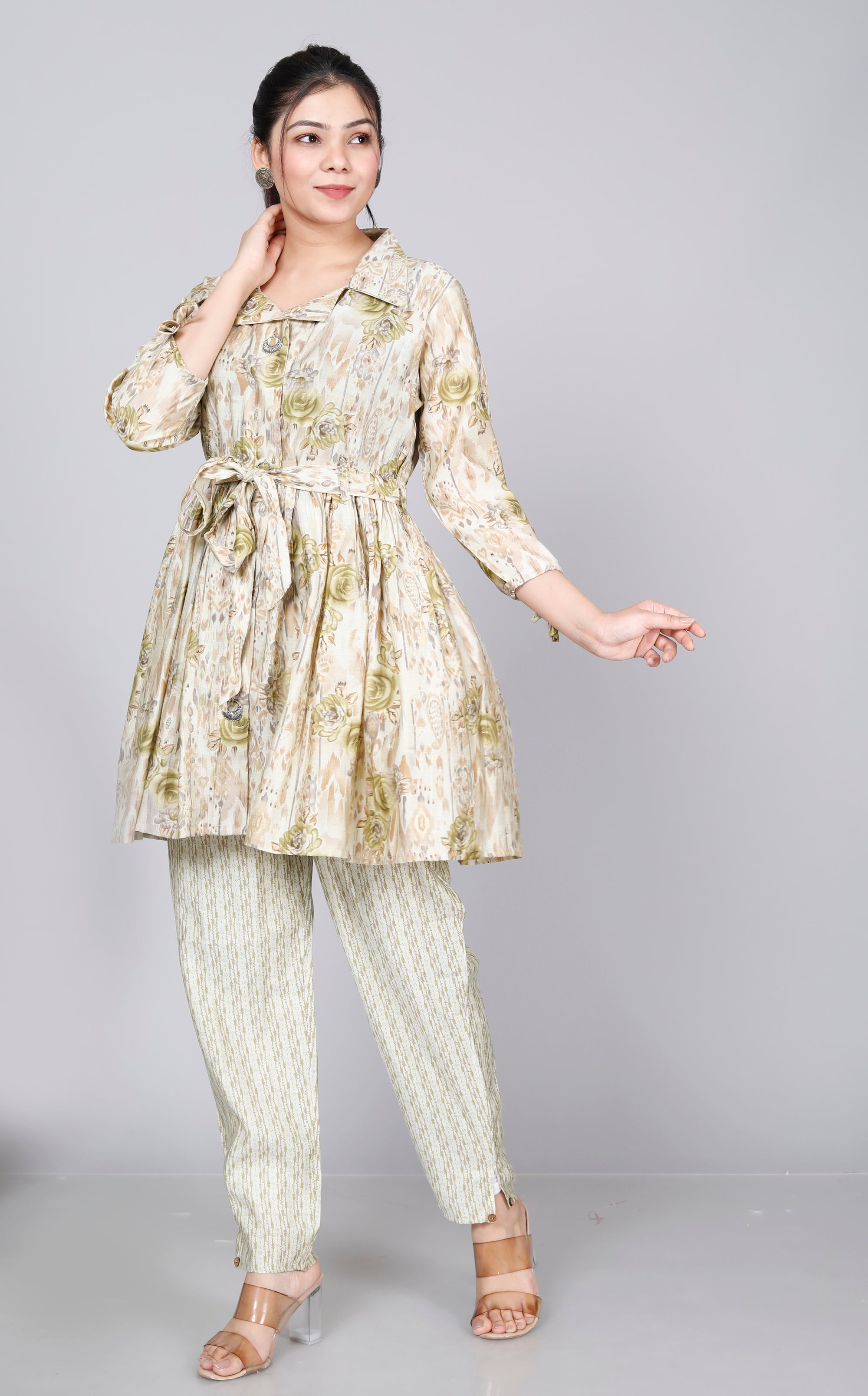 Verdant Marble Blooms Coord Set with Striped Pants
