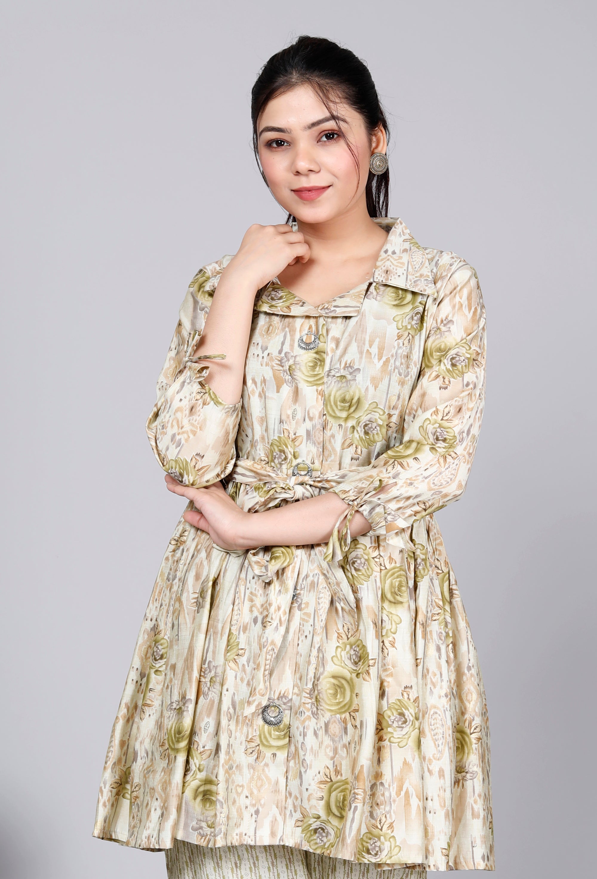 Verdant Marble Blooms Coord Set with Striped Pants