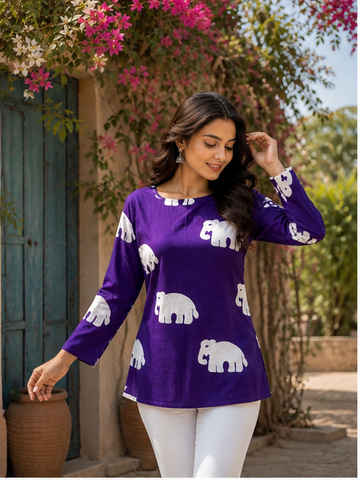 Purple Elephant Print Kurti