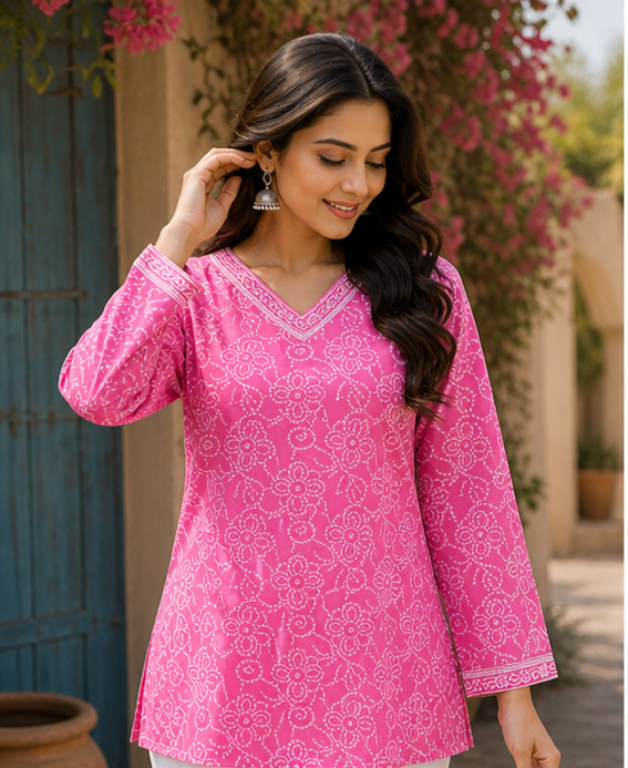 Pink Bandhej Short Kurti