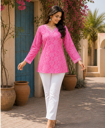 Pink Bandhej Short Kurti