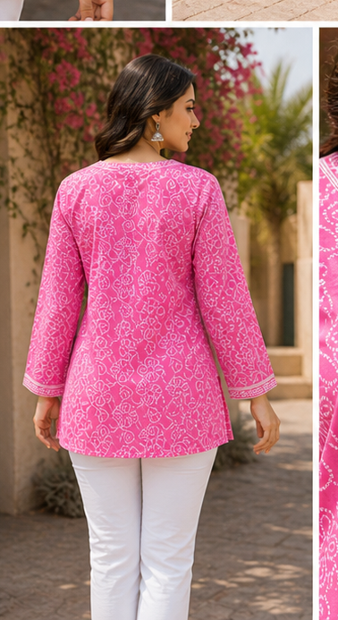 Pink Bandhej Short Kurti