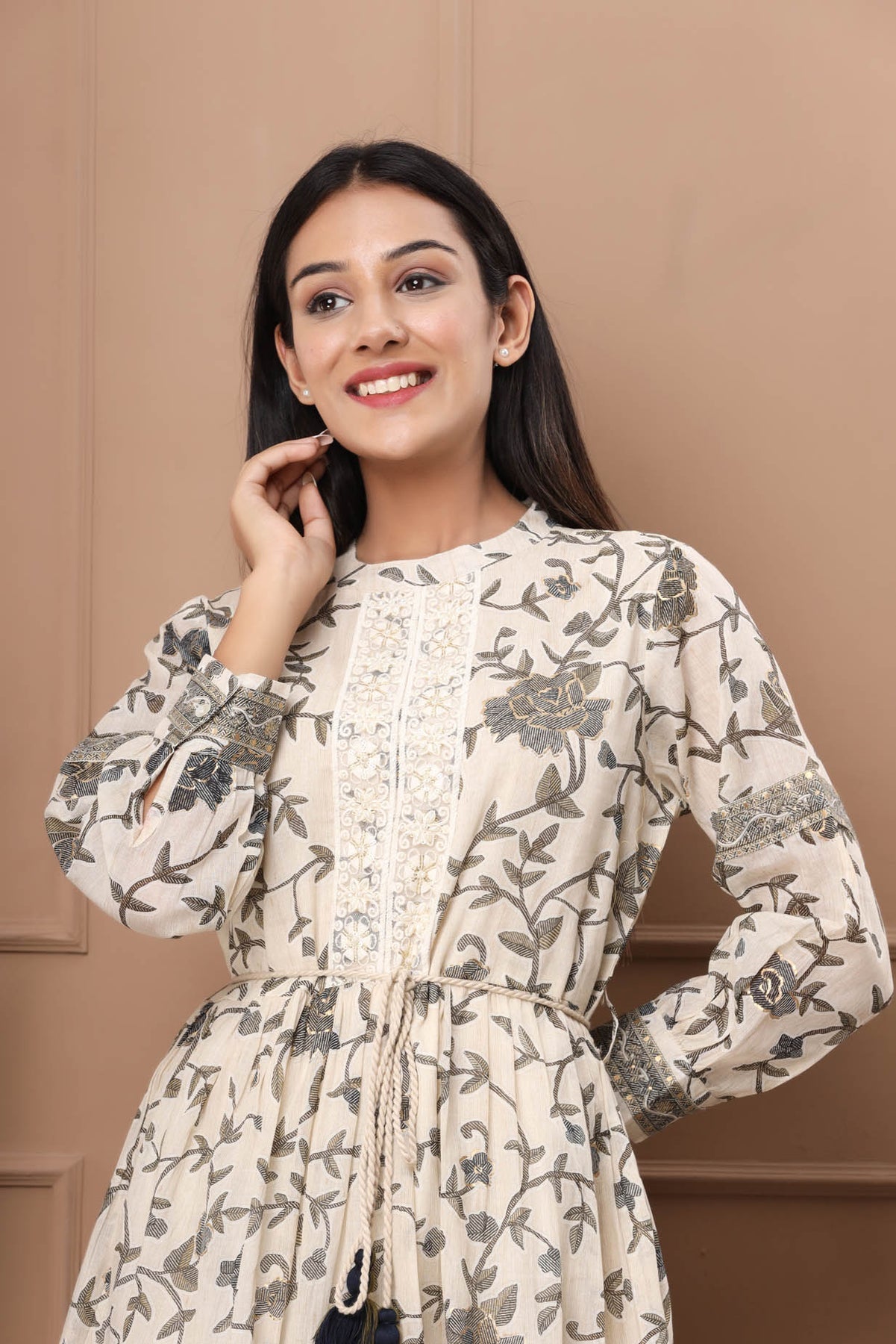 FLORAL JAAL KHAKI COLOR DRESS
