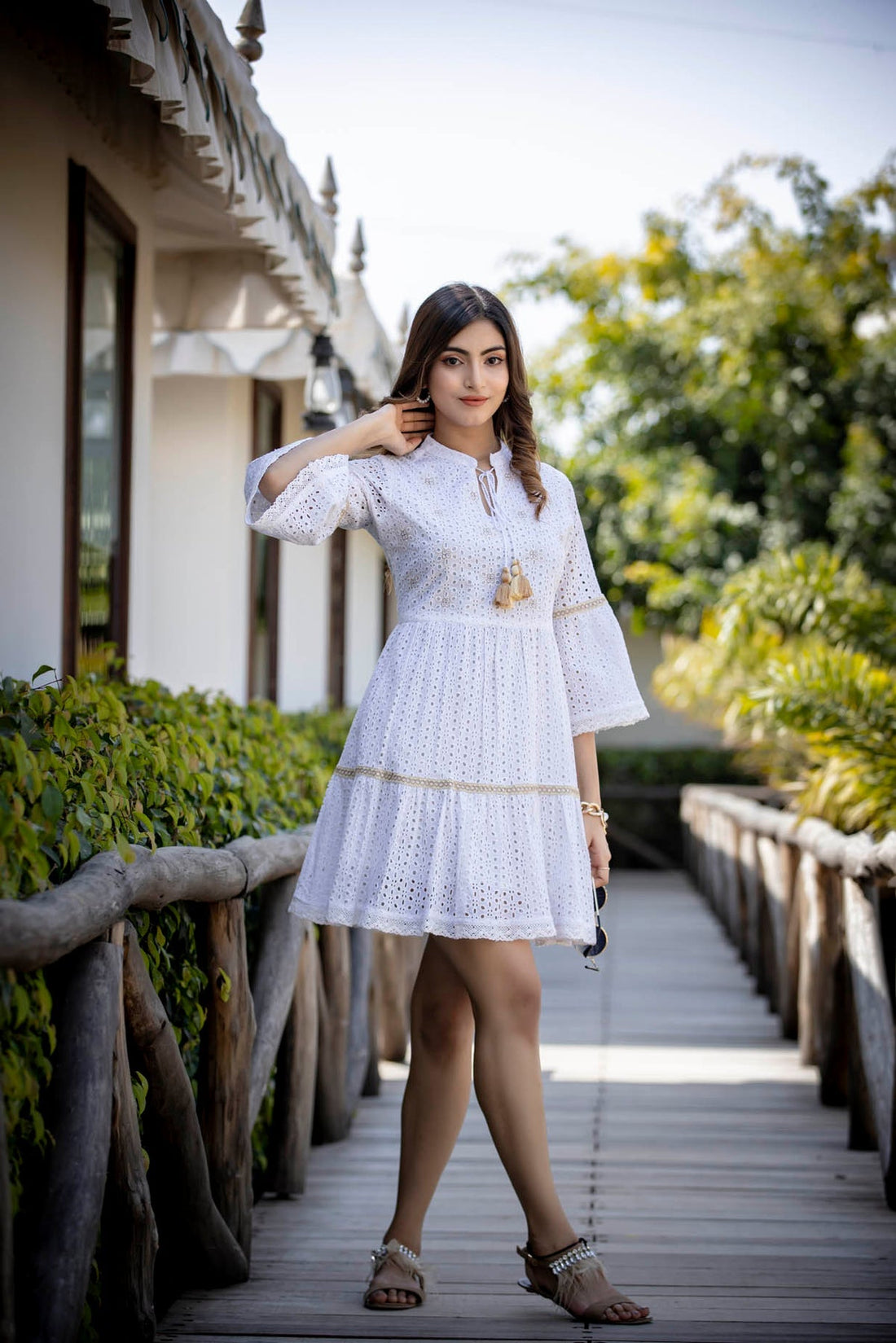 FLORAL EMBROIDERED WHITE CHIKANKARI DRESS