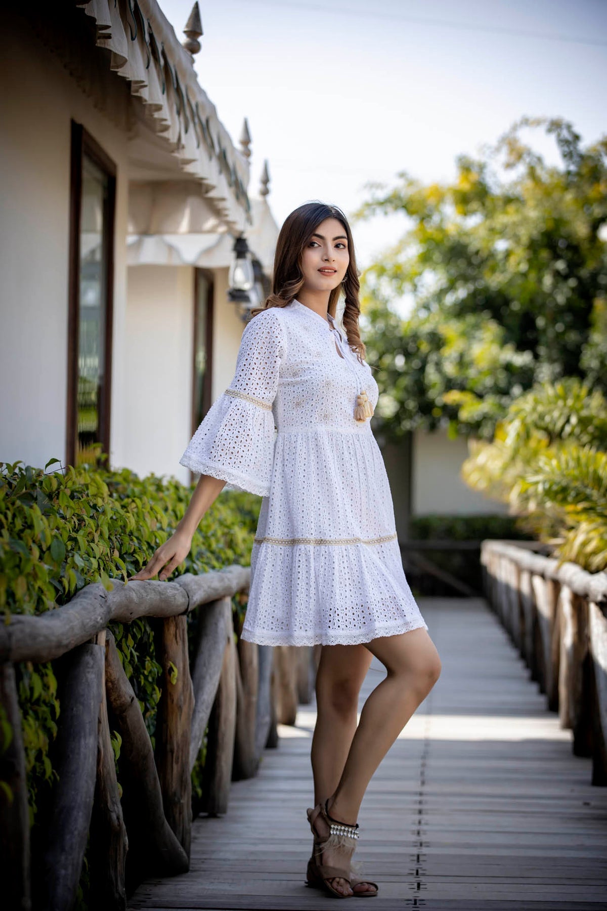 FLORAL EMBROIDERED WHITE CHIKANKARI DRESS