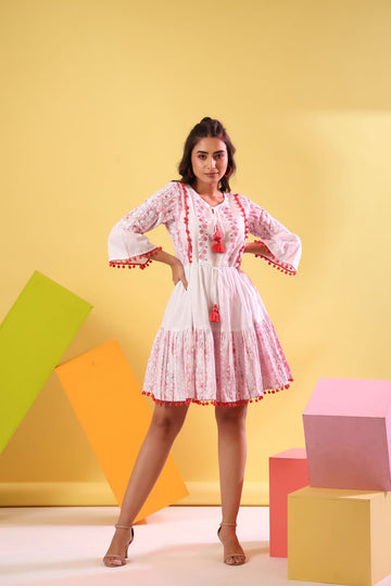 ROSY EMBROIDERED POM POM DRESS
