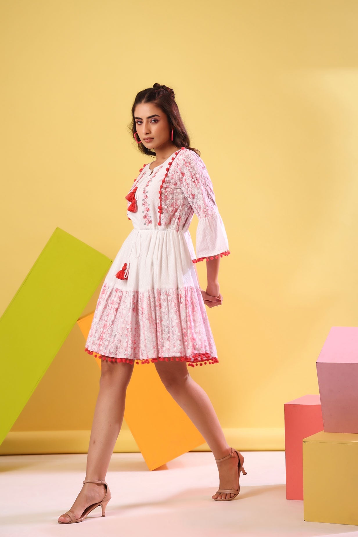 ROSY EMBROIDERED POM POM DRESS