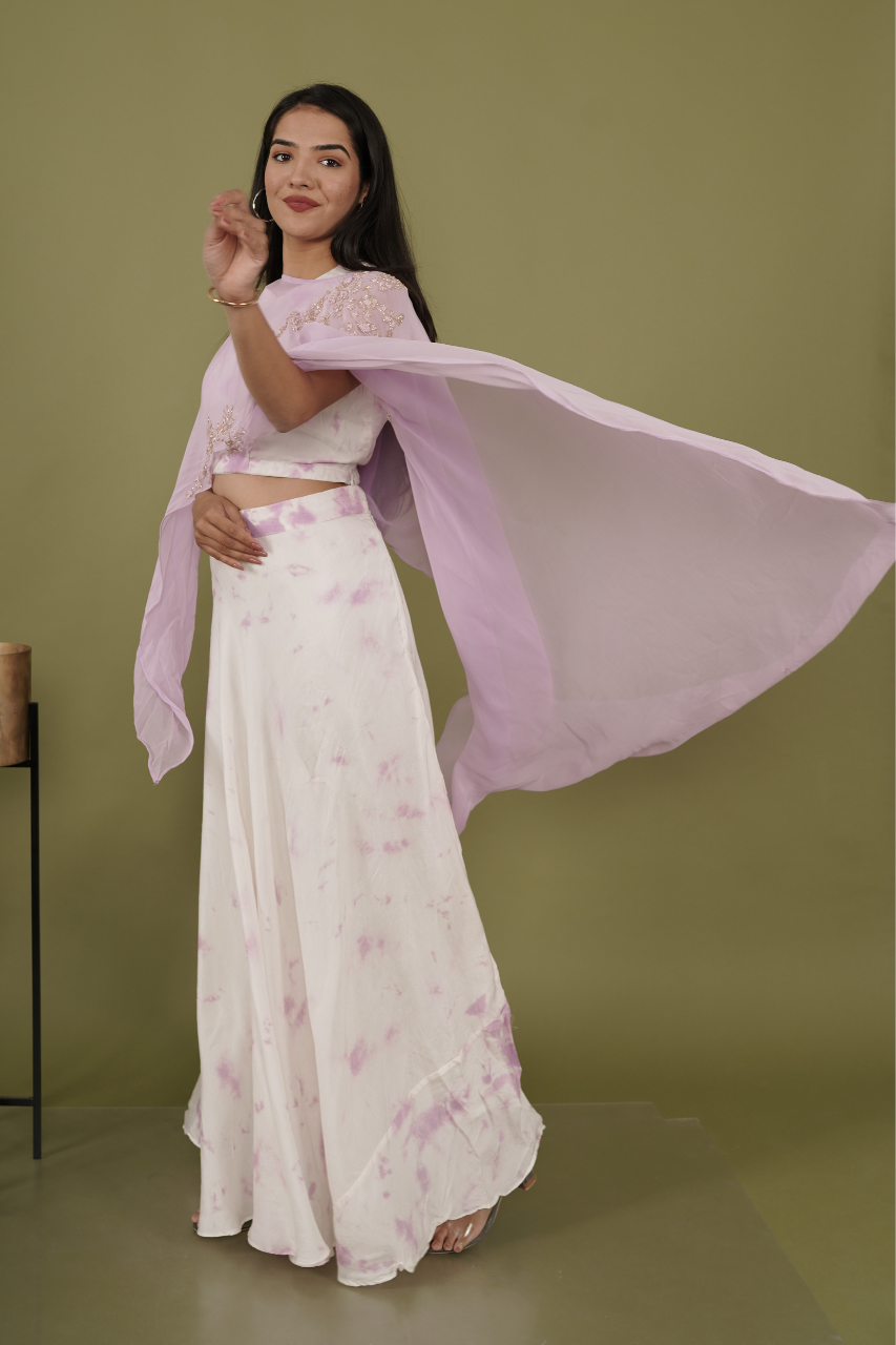 White lavender tie n die Lehenga Set