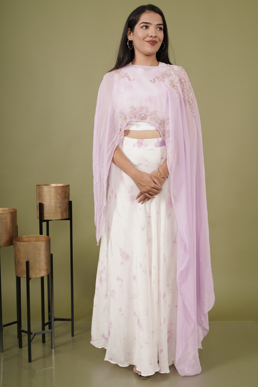 White lavender tie n die Lehenga Set