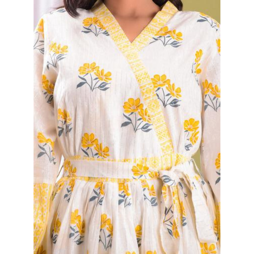 White yellow lurex cotton tunic with side bag