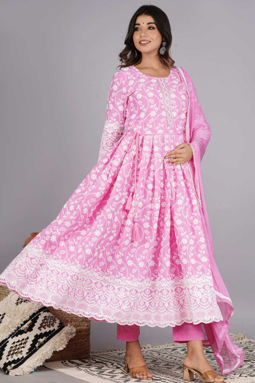 Pink Anarkali chikankari Suit Set