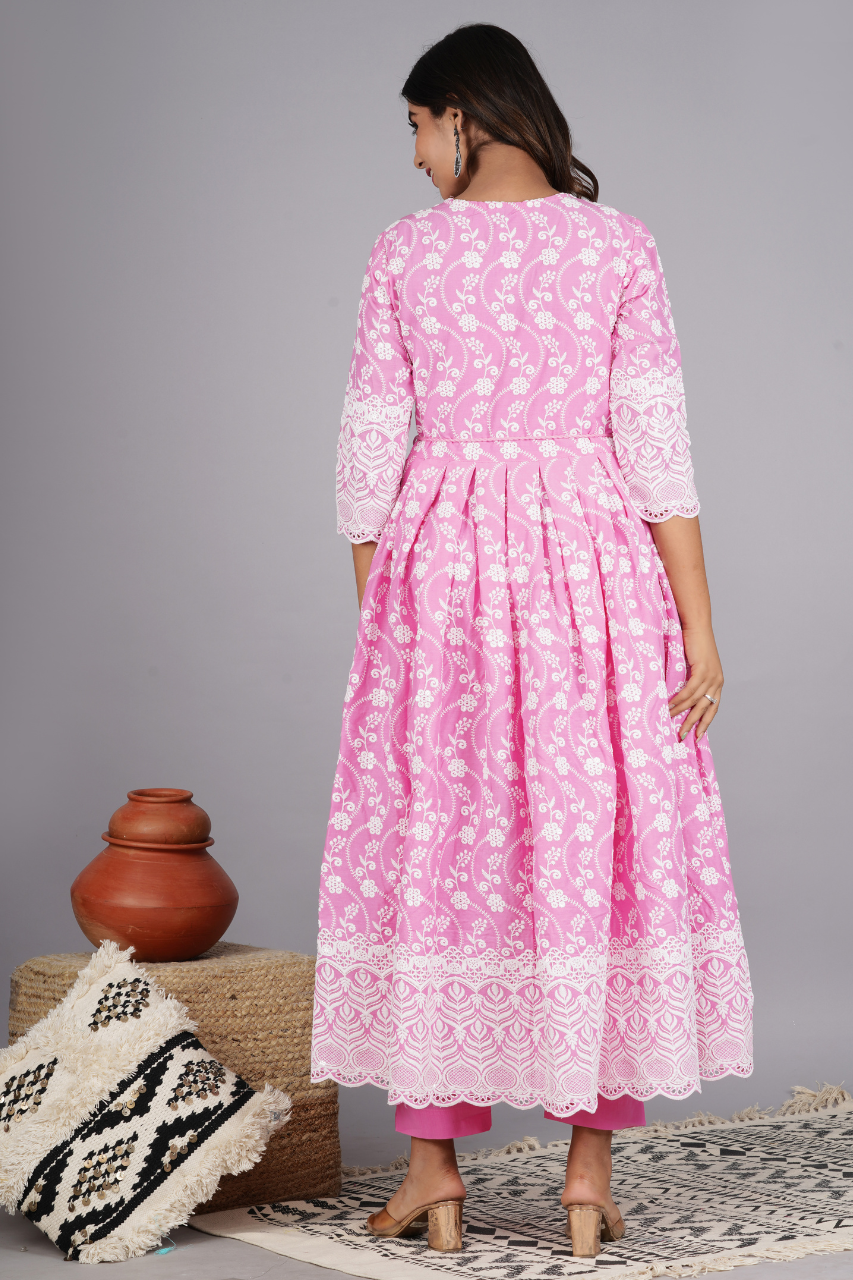 Pink Anarkali chikankari Suit Set