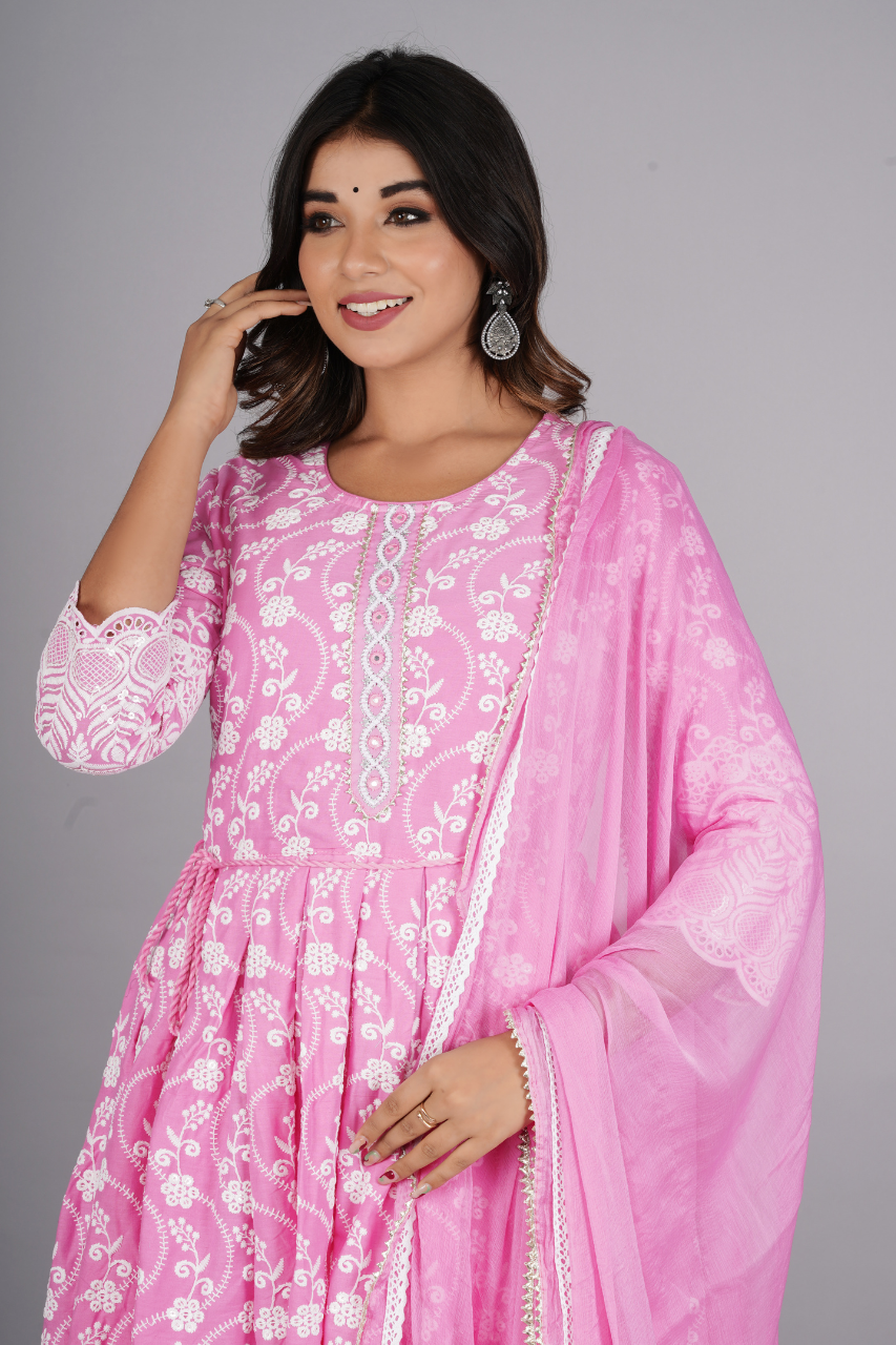 Pink Anarkali chikankari Suit Set
